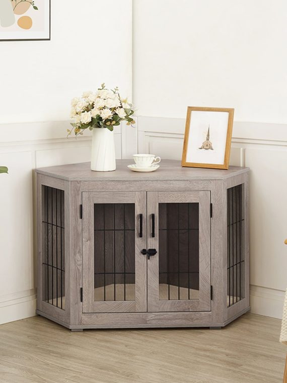 2026 Unipaws Corner Dog Crate Furniture, Wooden Dog Kennel for Dogs Puppy, Pet Crate for Limited Room, Medium, Weathered Gray