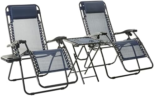 2026 Amazon Basics Outdoor Textilene Adjustable Zero Gravity Folding Reclining Lounge Chair Set with Side Table  pack of 2  Blue