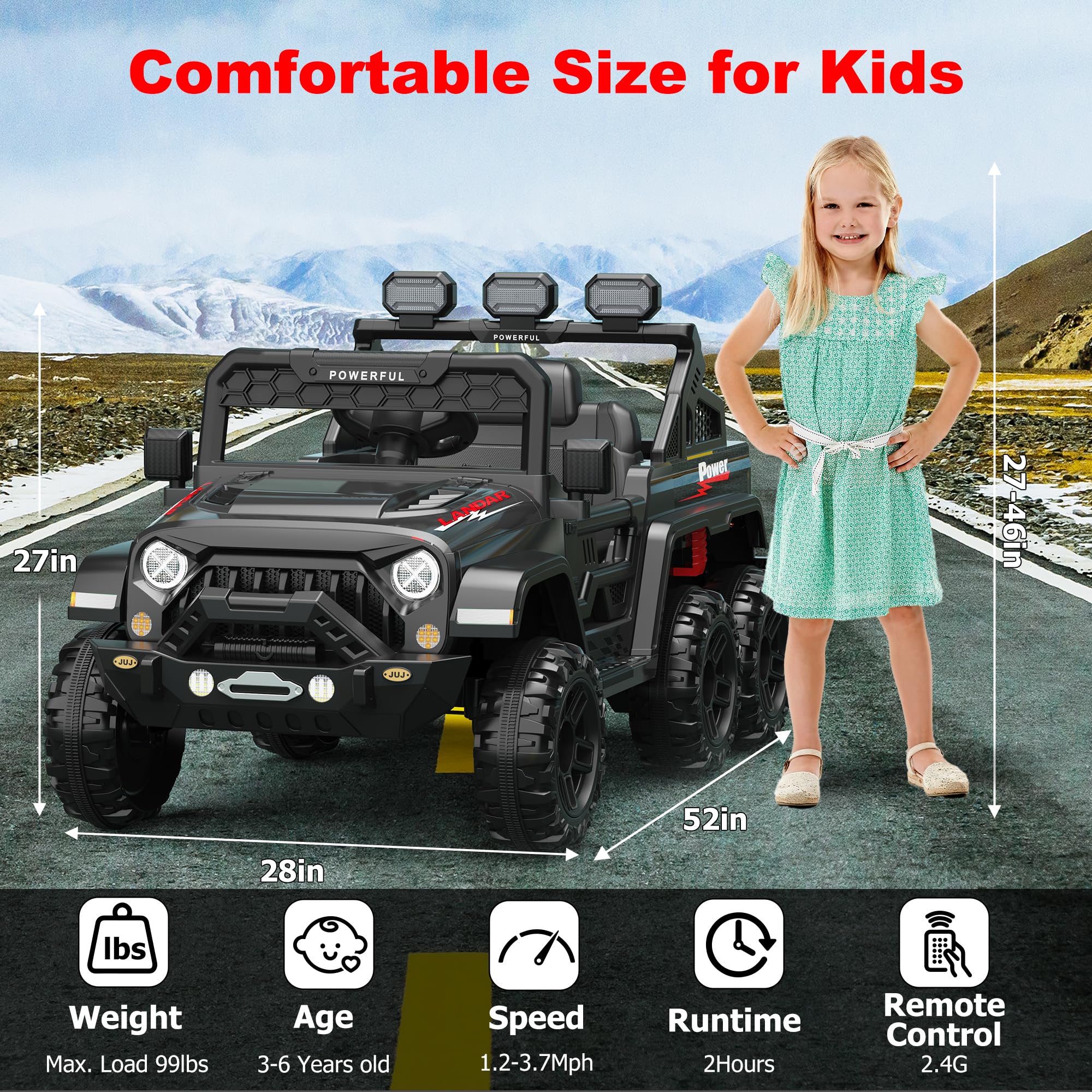 Garvee 24V 4WD Ride on Car Kids Ages 3-8, with 6 EVA Wheels, Battery Powered & Remote Control, 3 Adjustable Speeds, Soft Start, Battery Display, Music - Black