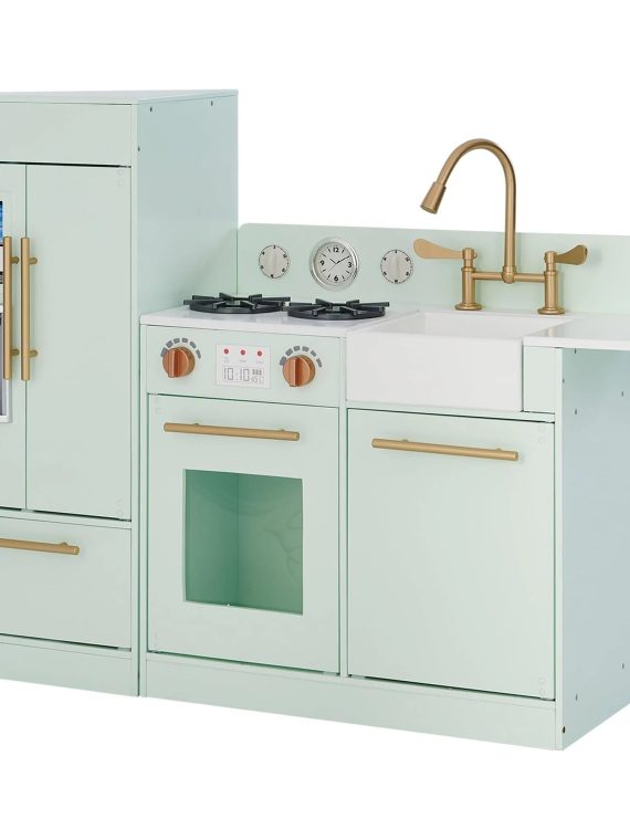 2026 Teamson Kids Little Chef Charlotte Modern Play Kitchen with Free-Standing Refrigerator, Separate Kitchenette Unit, & Interactive Features, Mint