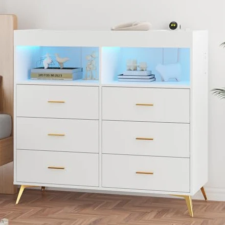 Garvee 6 Drawer Dresser for Bedroom with LED Lights and Power Outlet, Wide Chest of Drawers with 2 Open Storage Shelves, Baby Changing Table with Removable Changing Table Top, White