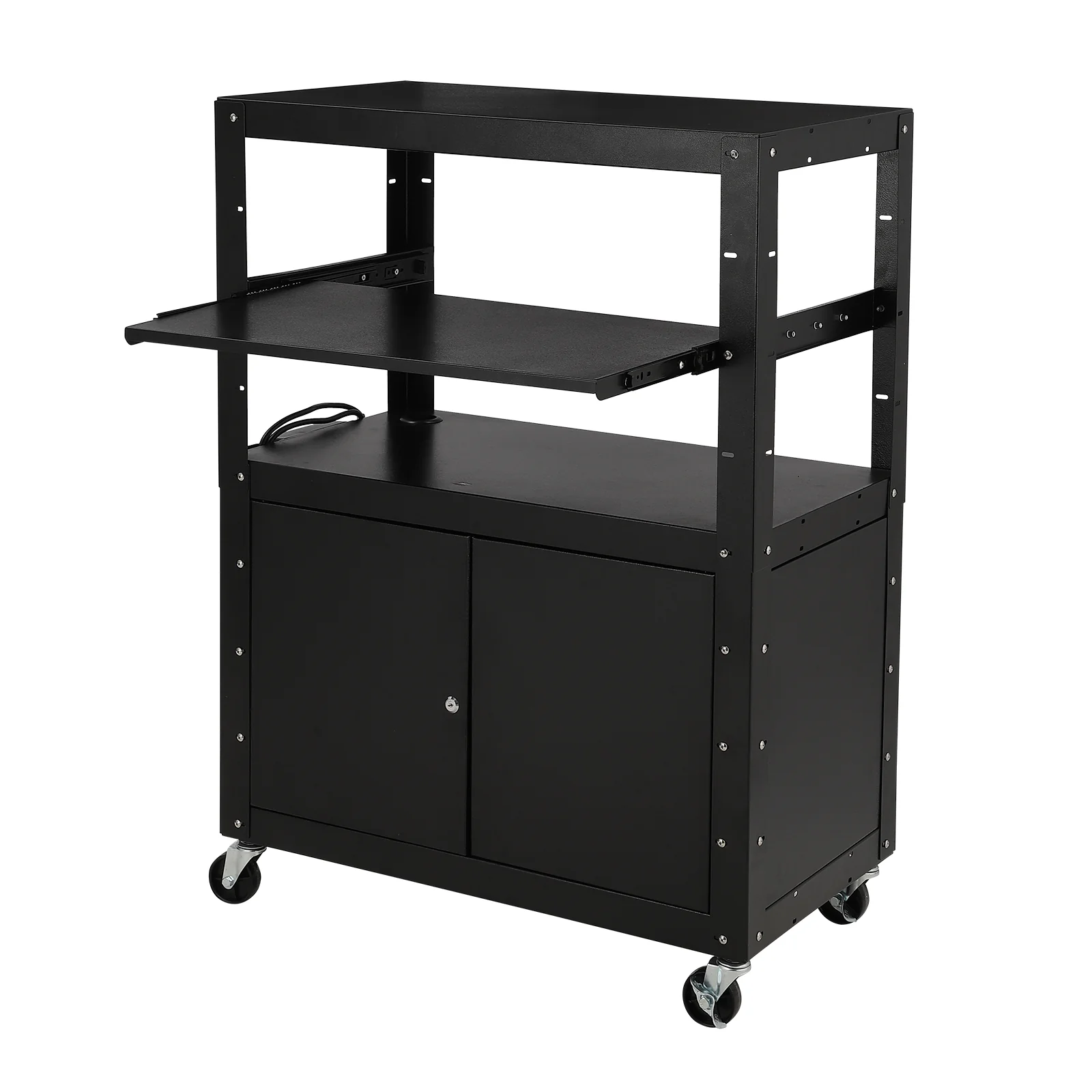 Garvee Height Adjustable AV Cart with Locking Cabinet,16.4-Ft Power Strip, Cold-Rolled Steel, 4 Swivel Casters & 2 Locking Brakes for Offices, Schools & Garages