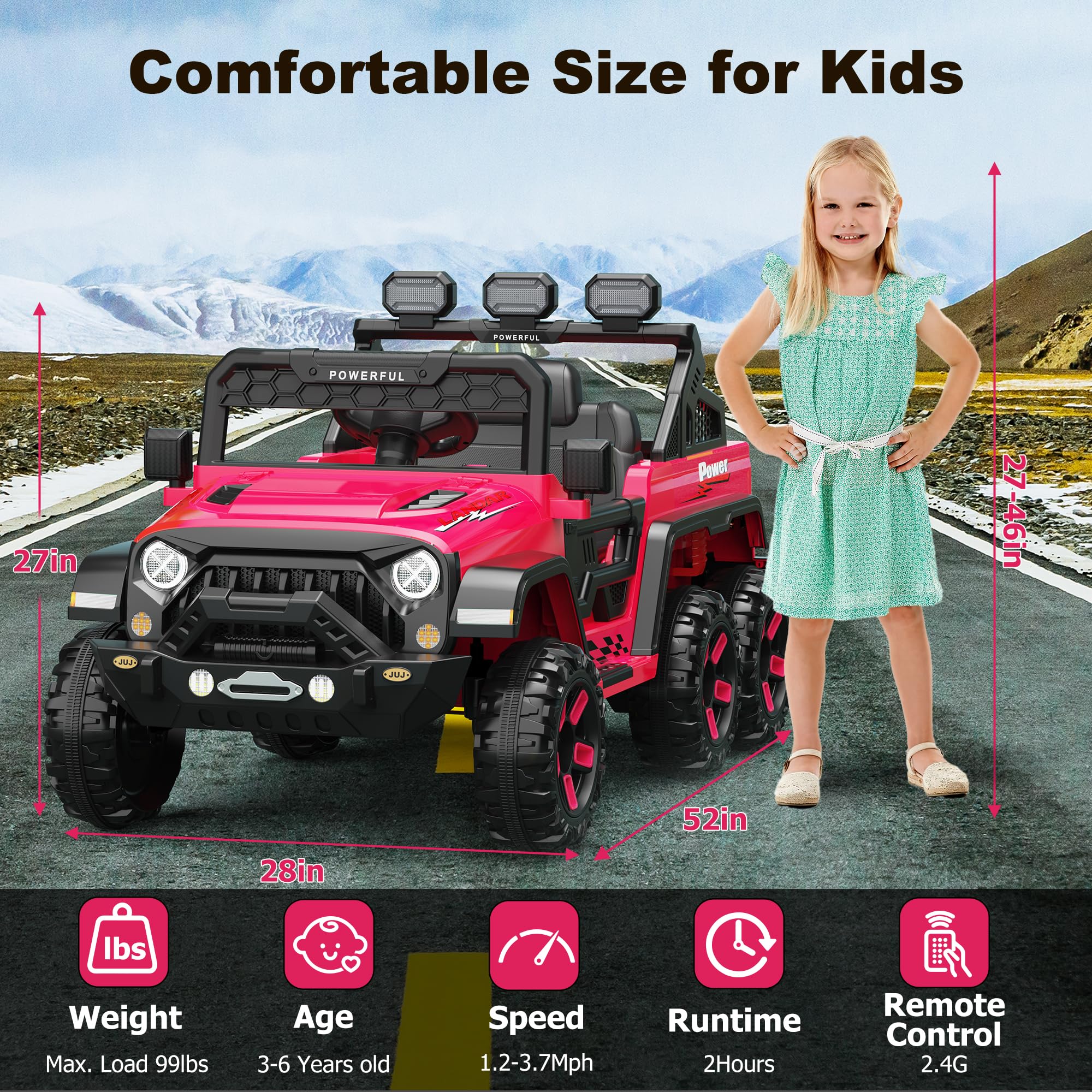 Garvee 24V 4WD Ride on Car Kids Ages 3-8, with 6 EVA Wheels, Battery Powered & Remote Control, 3 Adjustable Speeds, Soft Start, Battery Display, Music - Rose Red