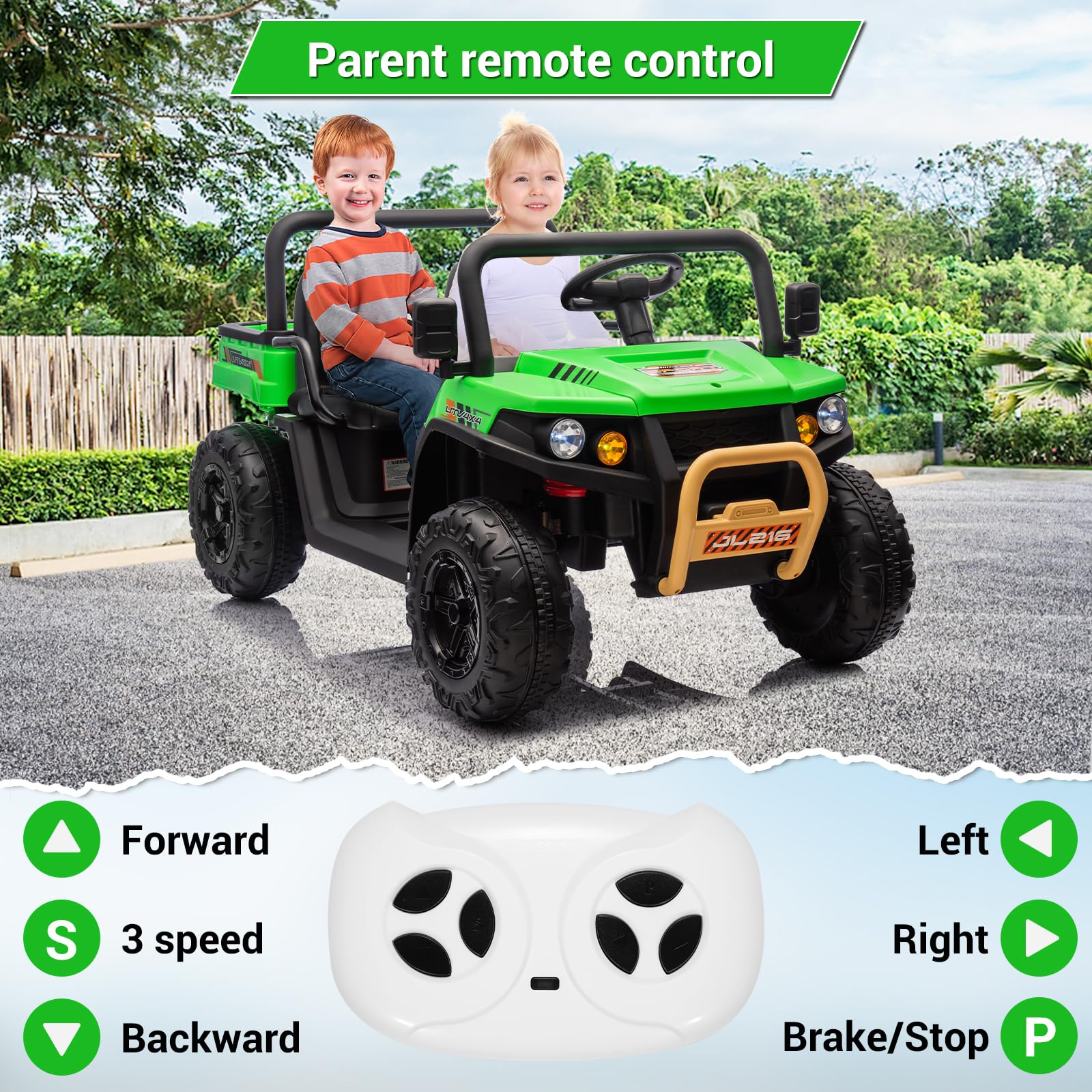 Garvee 2-Seater Ride on Car,6X6 24V Kids Ride On Dump Truck with Remote Control Electric Utility Vehicles UTV Battery Powered 6 Wheeler, for 3 years and up - New Green