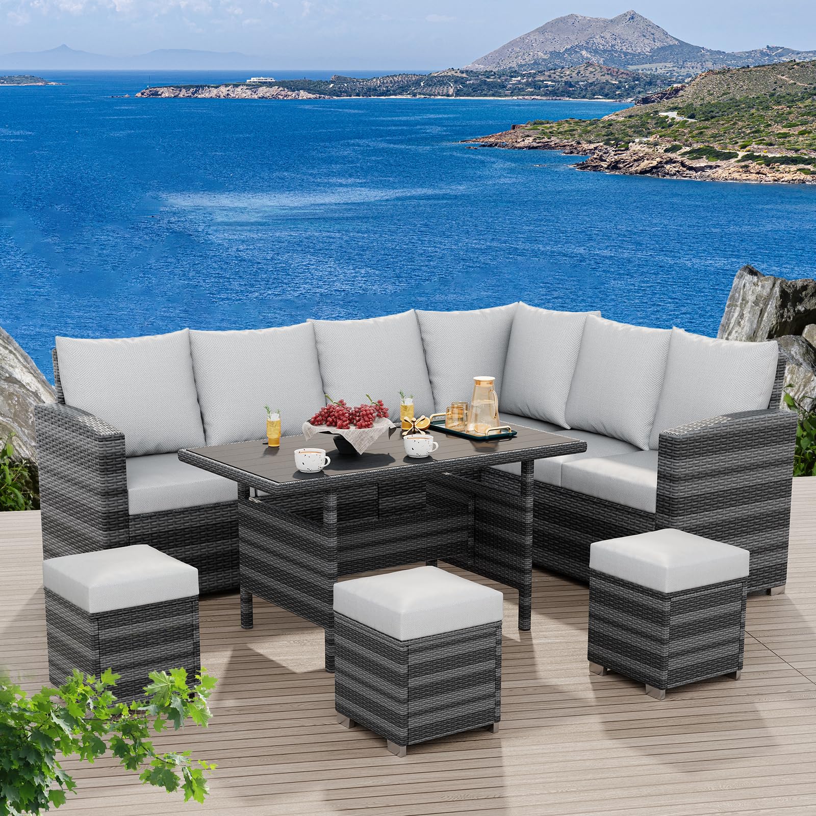 Garvee 7 PCS Patio Furniture Set,PE Rattan Grey Wicker, Outdoor Sofa Set,Sectional Chair Set with Washable Cushions, Tea Table,Conversation Furniture for Garden Poolside Balcony (Beige)