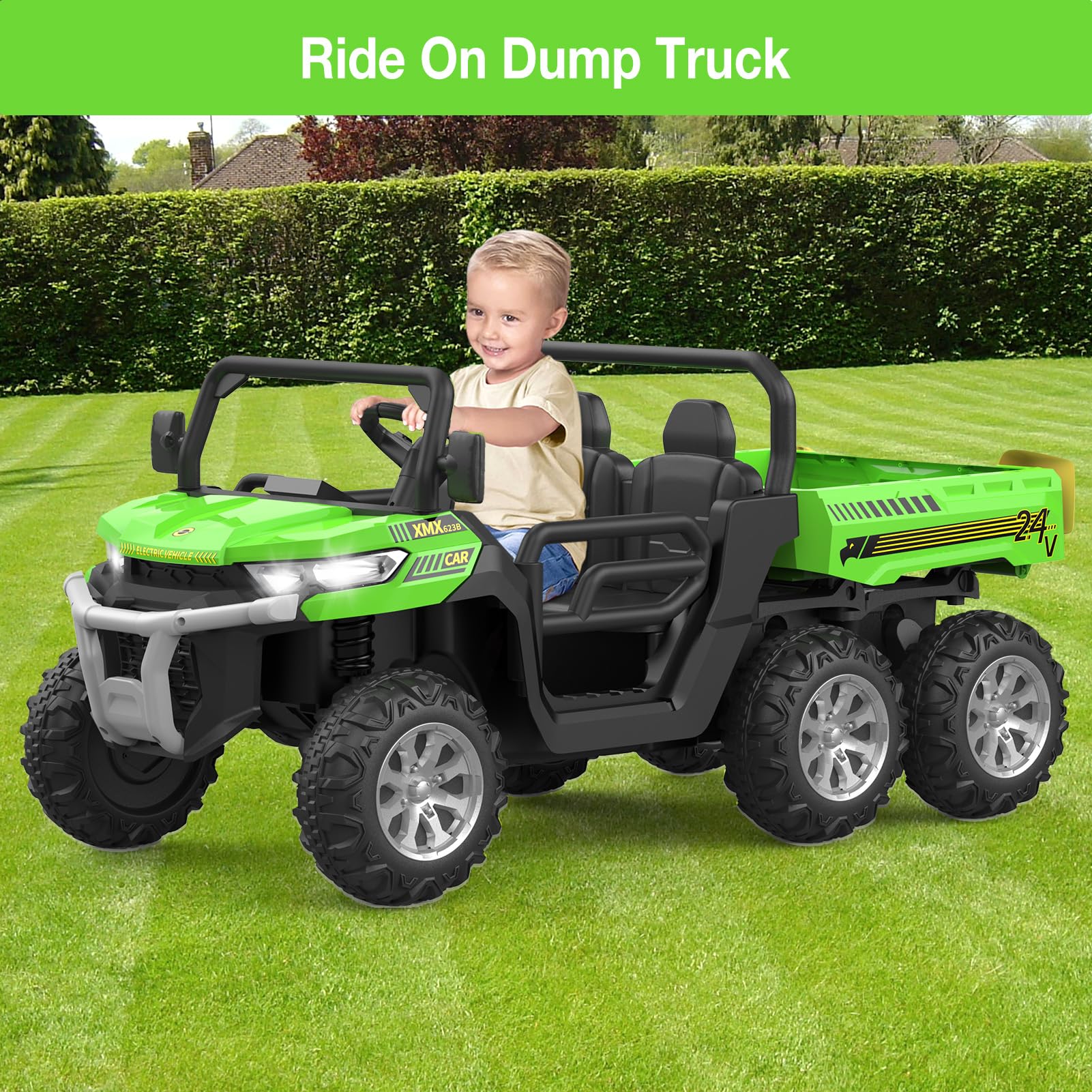 Garvee 2-Seater Ride on Car,6X6 24V Kids Ride On Dump Truck with Remote Control Electric Utility Vehicles UTV Battery Powered 6 Wheeler, for 3 years and up - Green