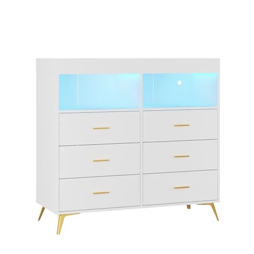 Garvee 6 Drawer Dresser for Bedroom with LED Lights and Power Outlet, Wide Chest of Drawers with 2 Open Storage Shelves, Baby Changing Table with Removable Changing Table Top, White