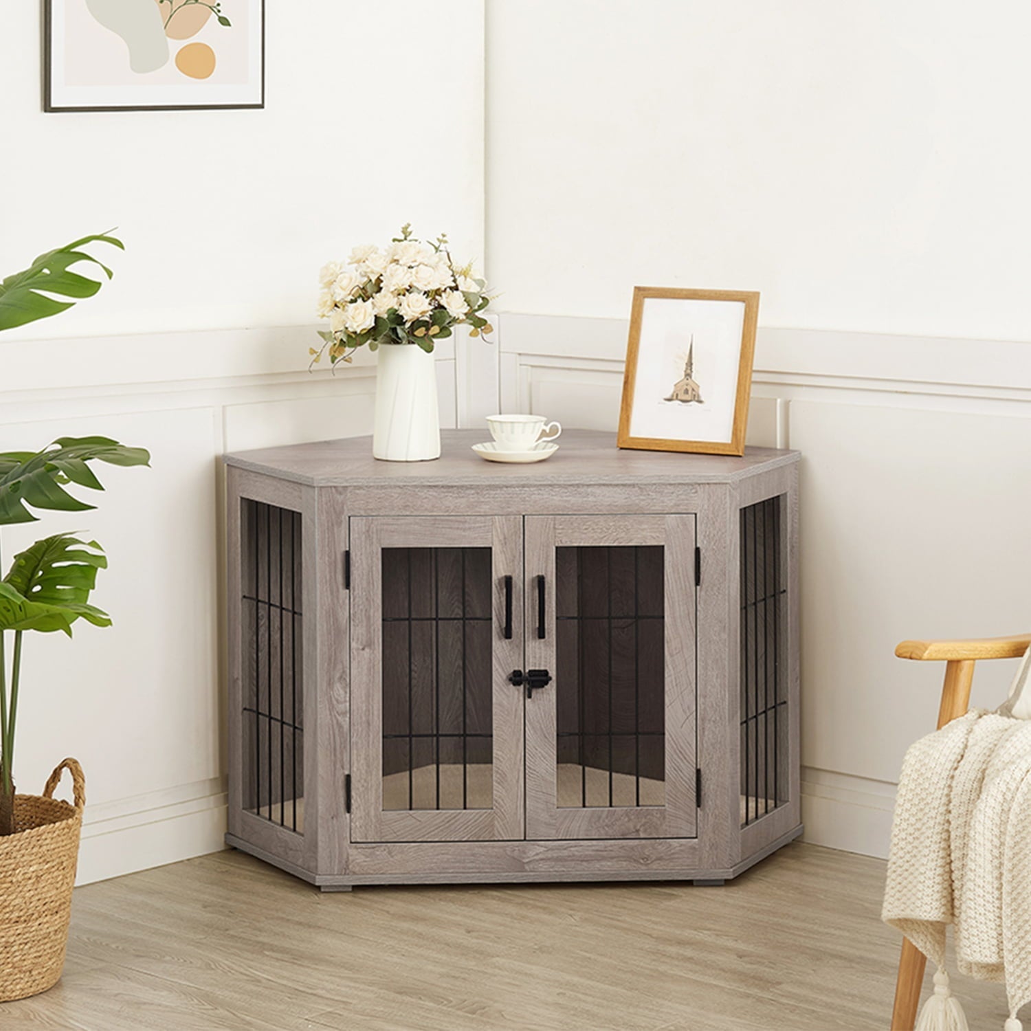 2026 Unipaws Corner Dog Crate Furniture, Wooden Dog Kennel for Dogs Puppy, Pet Crate for Limited Room, Medium, Weathered Gray