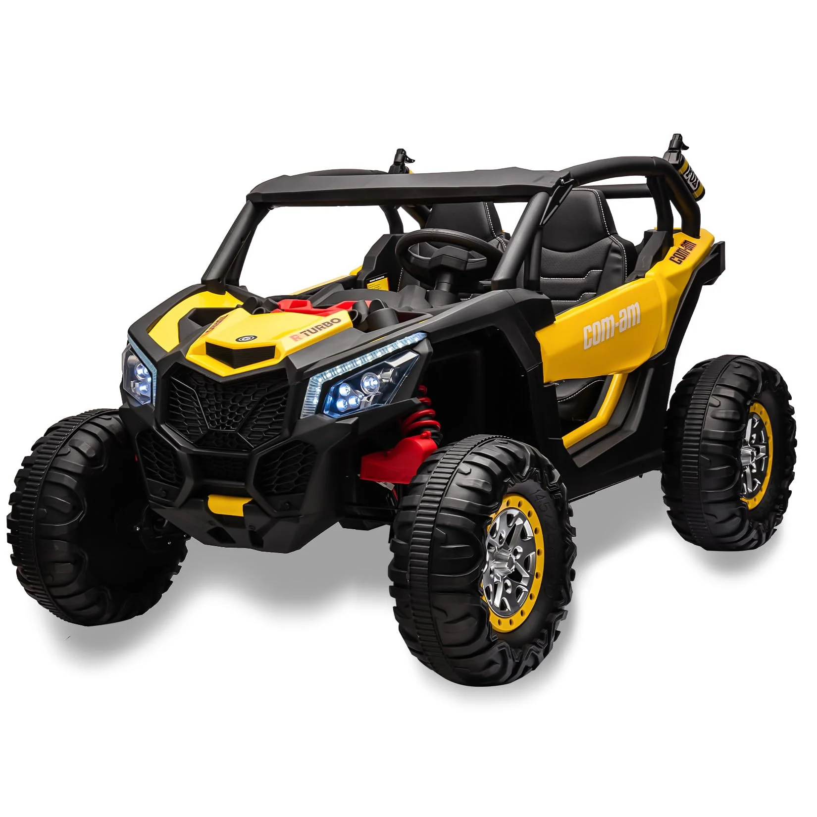 Garvee 24V 2 Seater Kids Ride on UTV Car For age 3+, w/Remote Control, 4WD Powerful Electric Vehicle with 4x75W Motors, 4 Shock Absorber, Leather Seat, Music and Light - Yellow