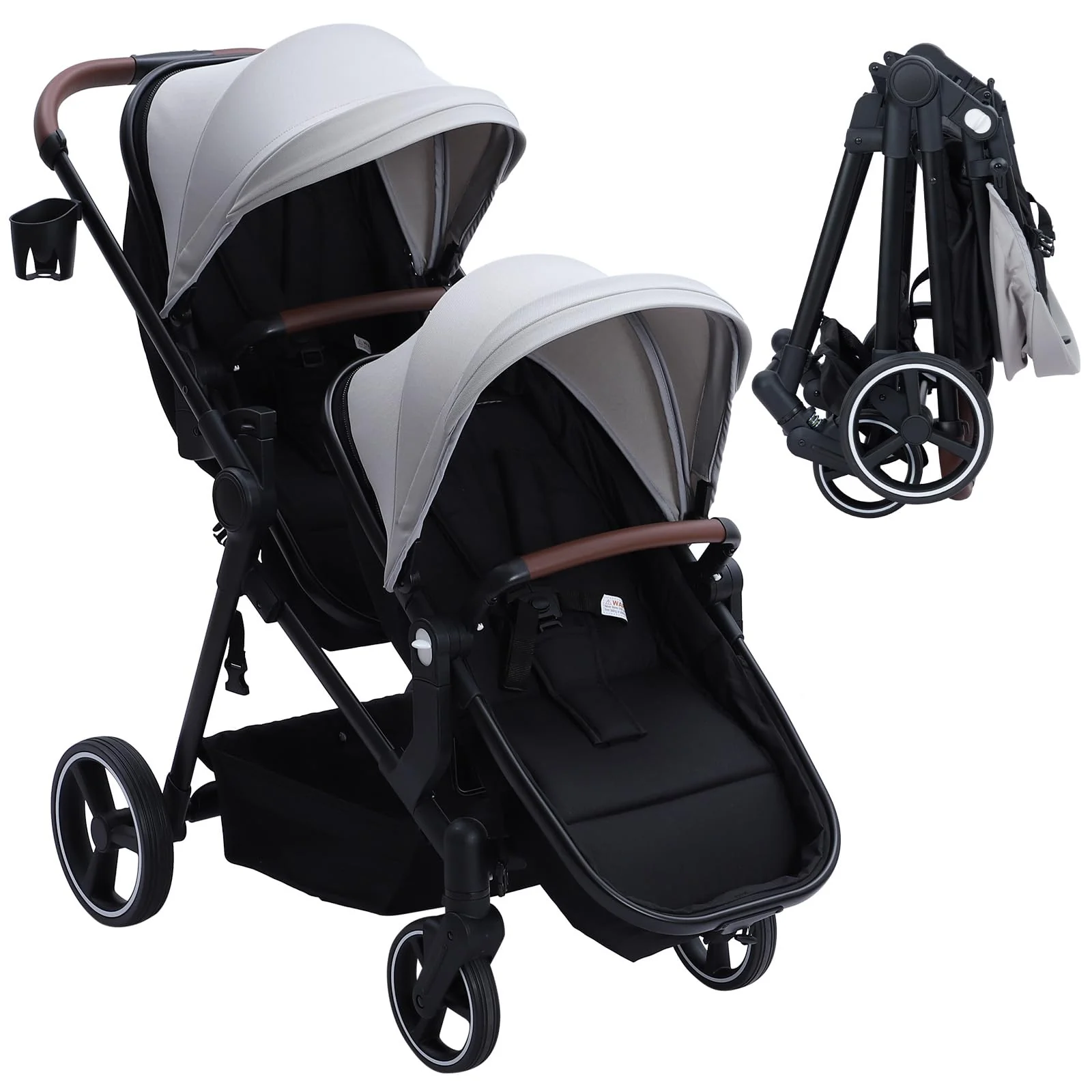 Garvee Double Stroller Track Tandem Stroller for Infant and Toddler, Foldable Pushchair Bassinet Pram, Multi-Position Reversible & Adjustable Backrest, Large Storage Basket and Canopy, Light Gray