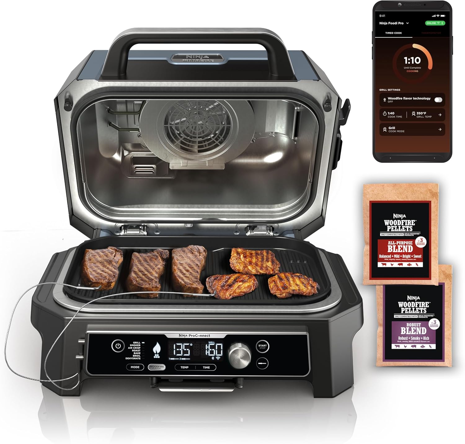 2026 Ninja OG951 Woodfire Pro Connect Premium XL Outdoor Grill & Smoker  Bluetooth  App Enabled  7-in-1 Master Grill  BBQ Smoker  Outdoor Air Fryer  Woodfire Technology  2 Built-In Thermometers  Black