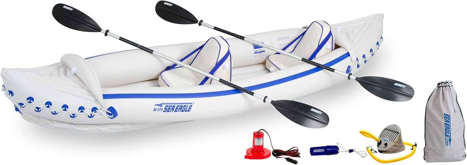 2026 Sea Eagle SE370 Inflatable Sports Kayak -1-3 Person-Portable Stowable & Lightweight-with Seat(s)  Paddle(s)  Electric Pump and Bag