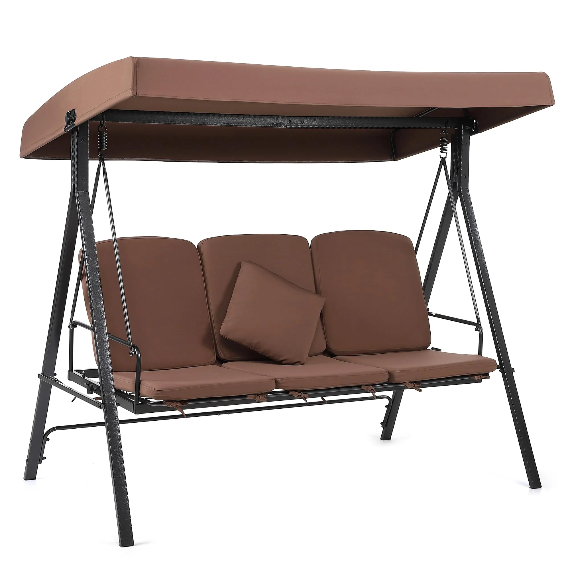 Garvee Patio Swing Chair, 2 in 1 Patio Swing Bed, 3-Seat Outdoor Porch Swing with Weather Resistant Steel Frame, Adjustable Waterproof Canopy, Cushions and Pillow, for Backyard,Brown