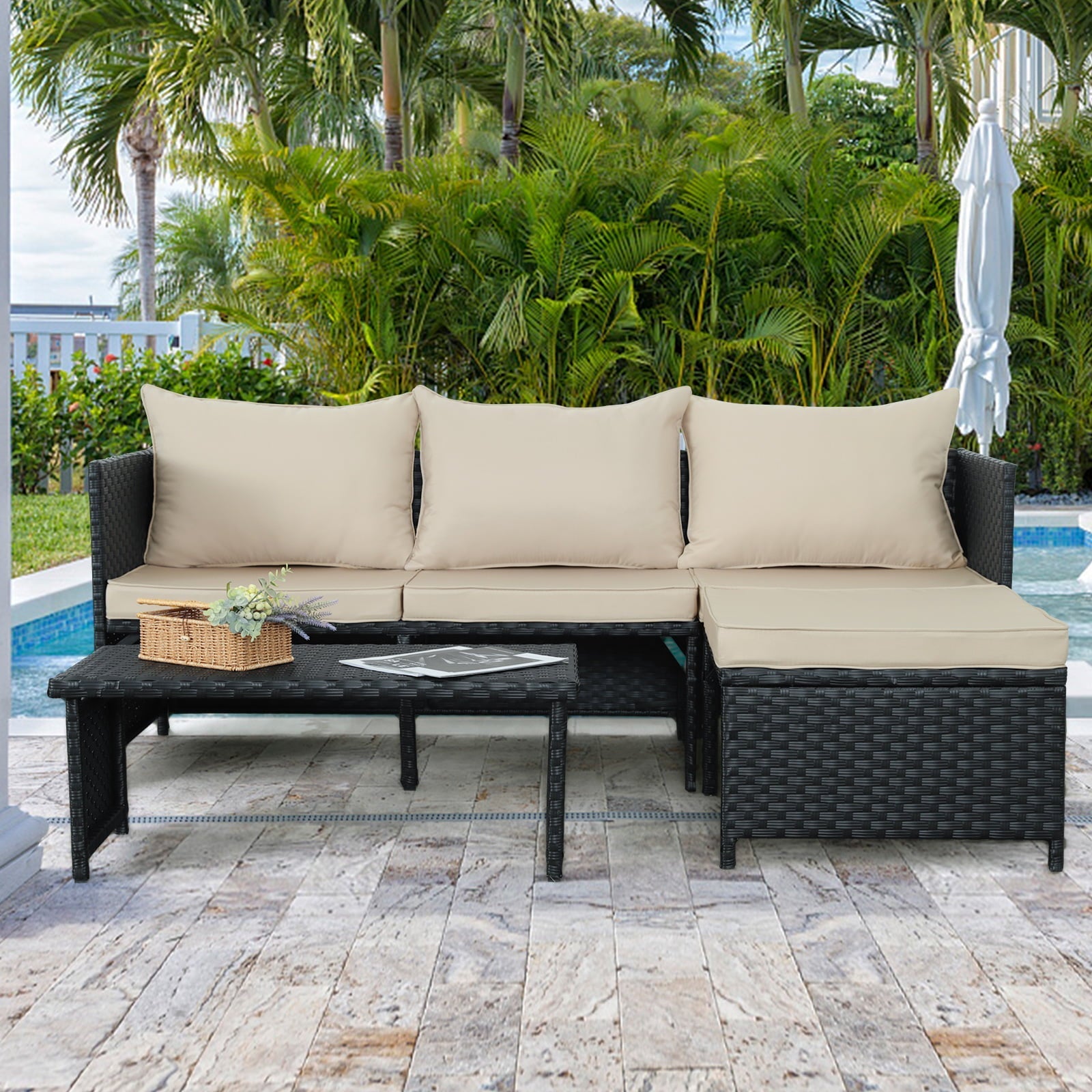 2026 Waroom 3 Pieces Patio Conversation Sets Outdoor Wicker Furniture with Coffee Table,Khaki, Powder Coated Steel