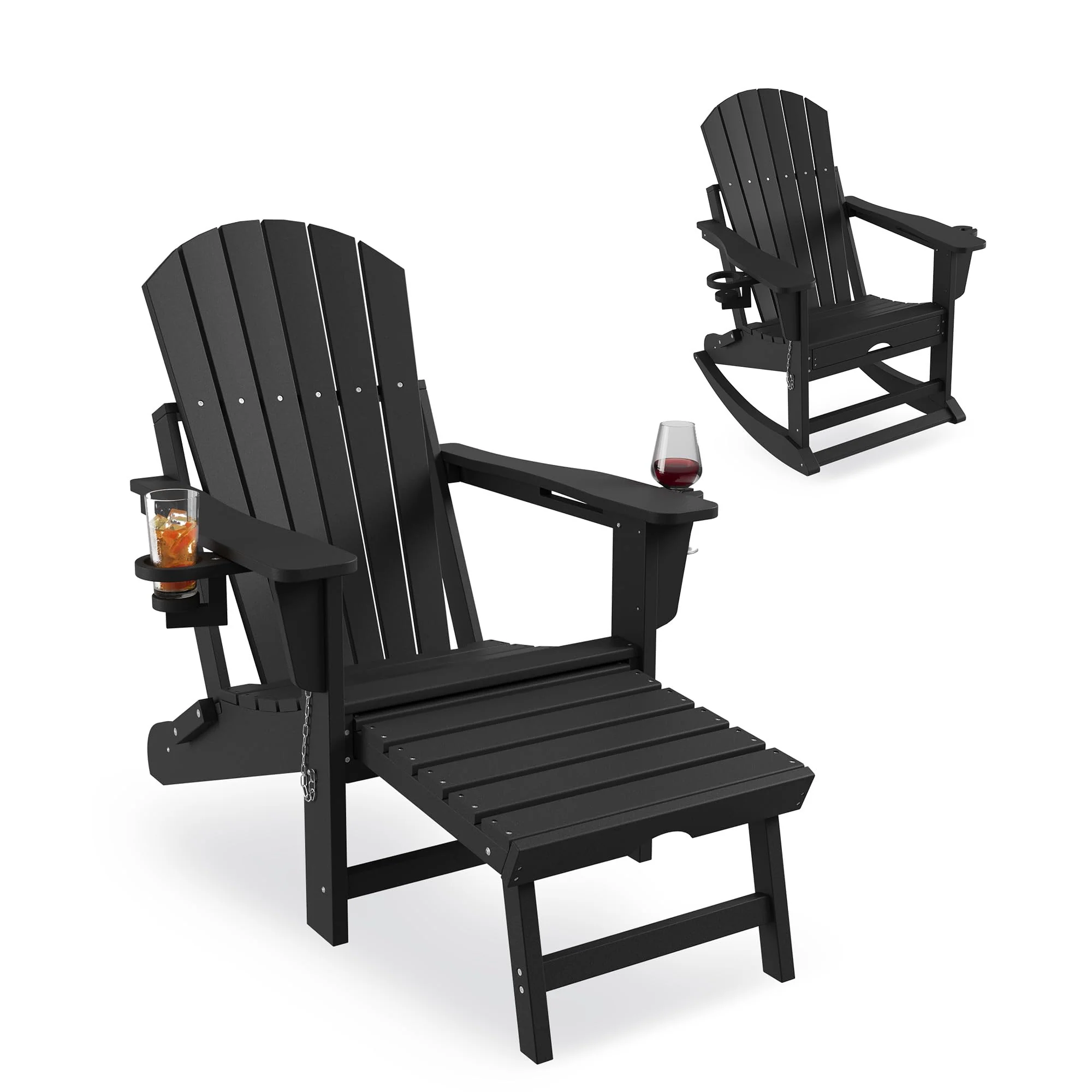 Garvee 4-in-1 Folding Adirondack Rocking Chair with Retractable Ottoman, Cup Holders, HDPE Material, Heavy Duty, Portable, Outdoor Patio Deck