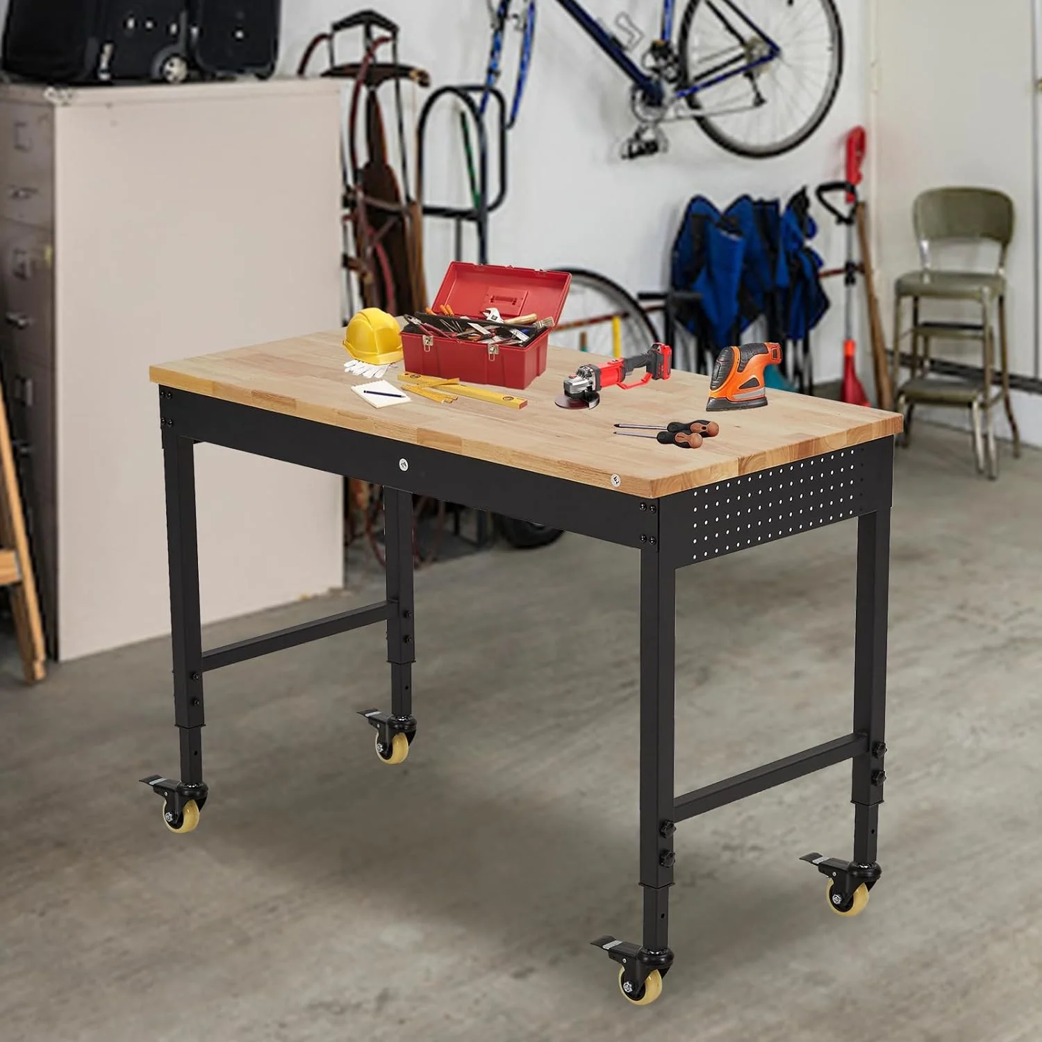 Garvee 48x24 Inch Adjustable Workbench for Garage Workbench, Rubber Wood Top Heavy-Duty Worktable Adjustable Workstation with 4 Rolling Casters, 2000 LBS Load Capacity Work Table for Workshop Office, Power Outlets