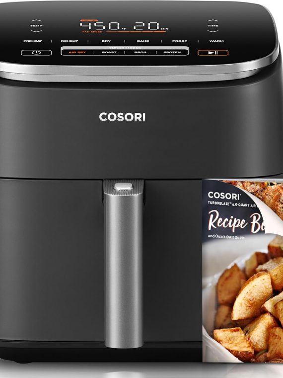 2026 COSORI Air Fryer 9-in-1  Compact but Large 6 Qt  5 Fast Fan Speeds with 450F for Ultra Crsipy  95% Less Oil  100+ In-App Recipes  Roast  Bake  Dehydrate  Reheat  Broil  Proof  Dishwasher Safe  Gray