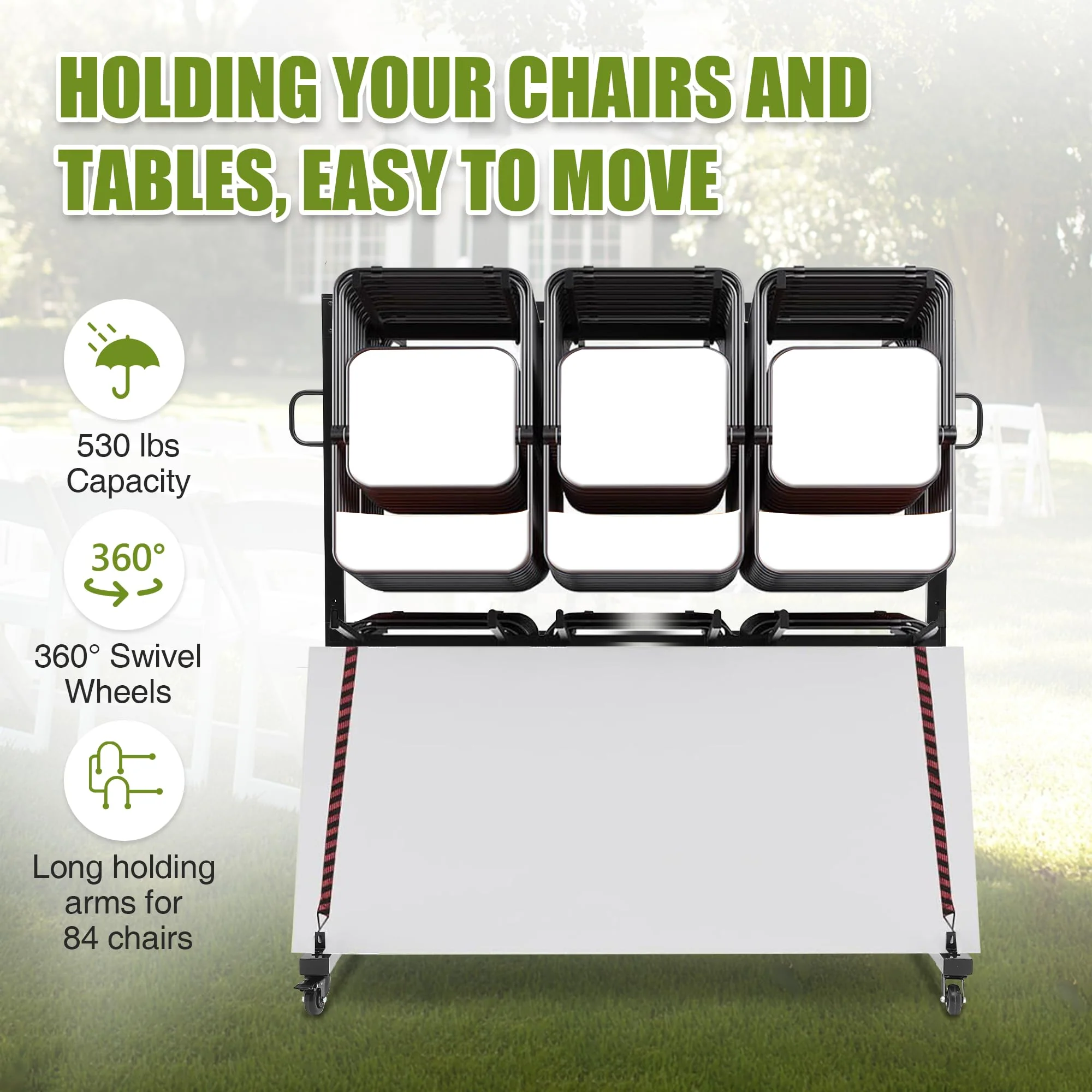 Garvee Folding Table and Chair Cart, Folding Chair Strorage Rack with Cover, Height Adjust, PVC Lock Wheels, 530 LBS Capacity for 84 Chair, Heavy Duty Metal Chair Rack.