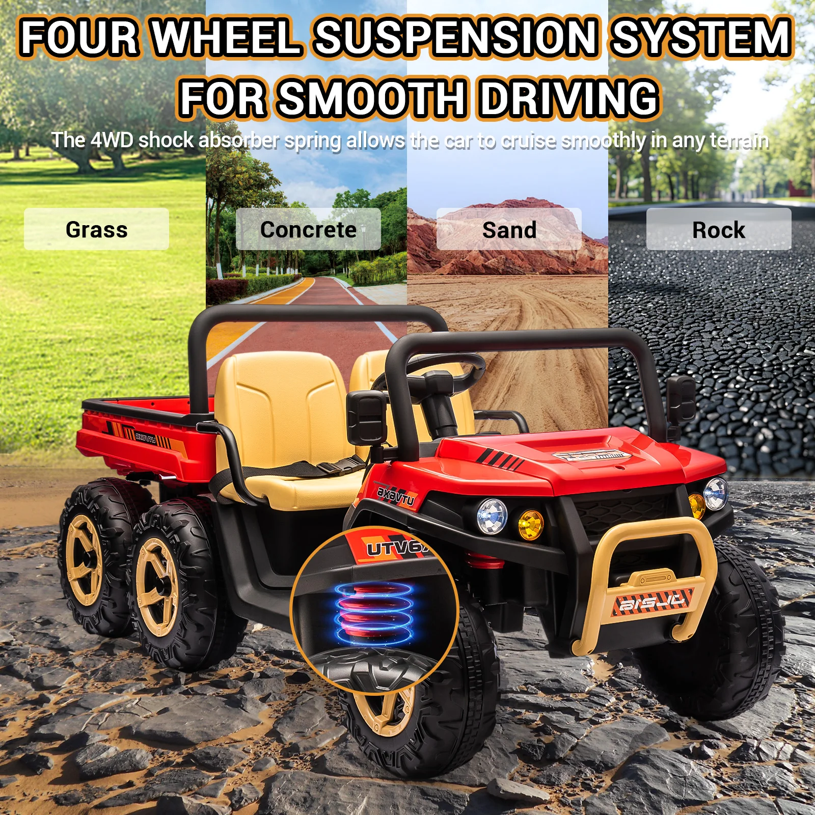 Garvee 2-Seater Ride on Car,6X6 24V Kids Ride On Dump Truck with Remote Control Electric Utility Vehicles UTV Battery Powered 6 Wheeler, for 3 years and up - Black & Red