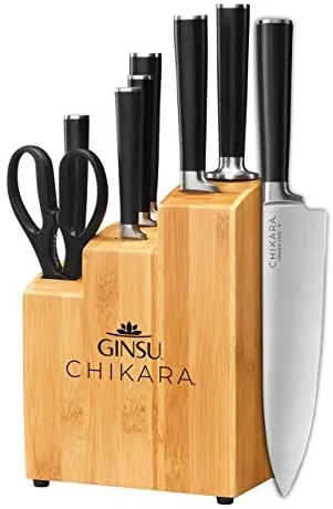 Ginsu Gourmet Chikara Series Forged 8-Piece Japanese Steel Knife Set – Cutlery Set with 420J Stainless Steel Kitchen Knives – Bamboo Finish Block,