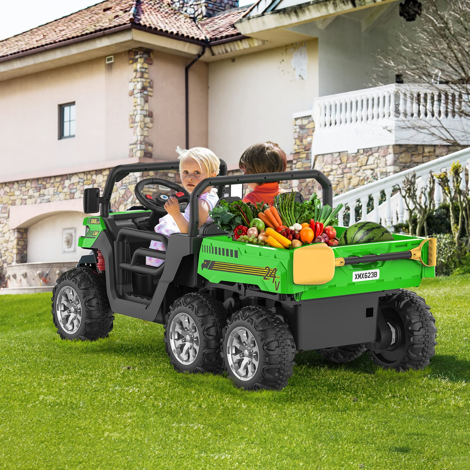 Garvee 2-Seater 6x6 Ride-On Dump Truck: 24V, Remote Control, Battery Powered UTV,Tires, 6-Wheeler, for 3 years and up - Green