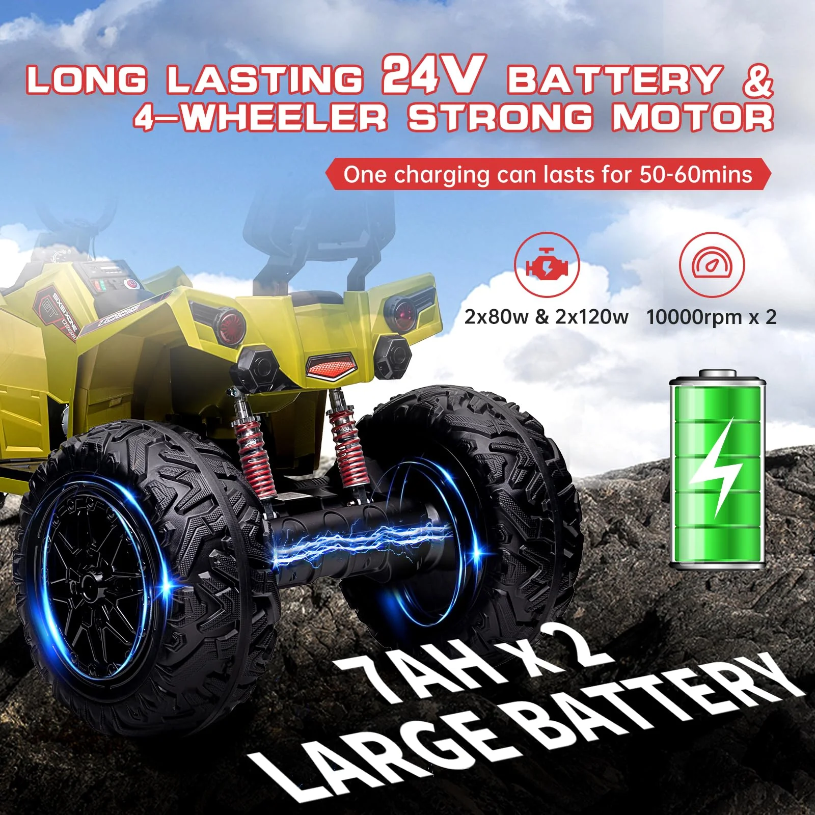 Garvee 24V Kids ATV, Ride on Car 4WD Quad Electric Vehicle, 4x80W Powerful Engine, with 7AHx2 Large Battery, Accelerator Handle, EVA Tire, Full Metal Suspension, LED Light, Bluetooth&Music - Green