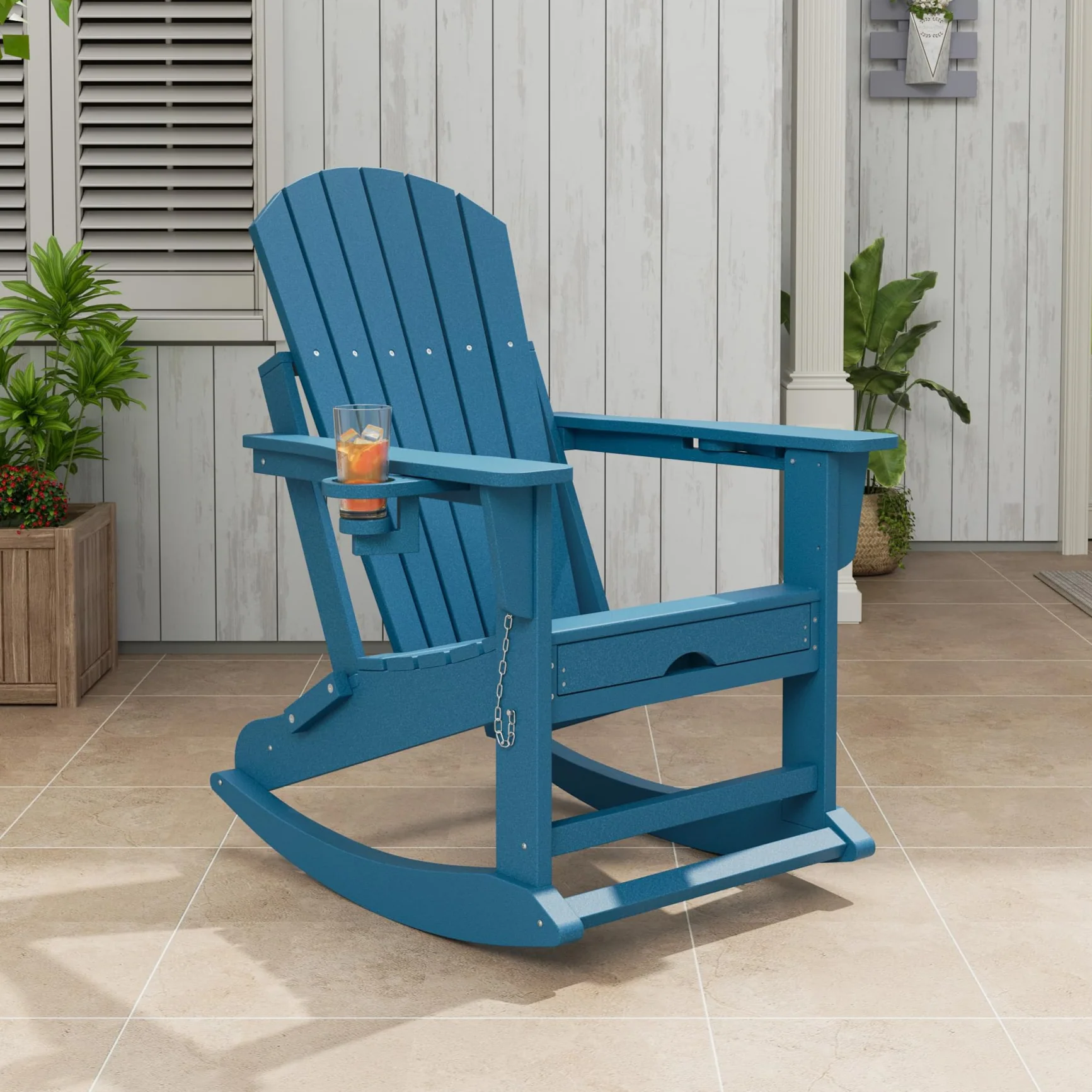 Garvee 4-in-1 Adirondack Outdoor Rocking Chair with Retractable Ottoman – Folding HDPE, Cup Holders, Heavy-Duty, for Porch & Patio