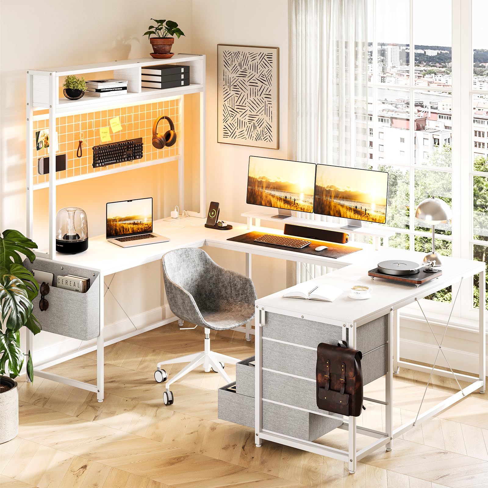Garvee U Shaped Desk with Monitor Stand and LED Lights, U Shaped Gaming Desk with Storage Shelves, Large Computer Desk with Power Outlets, Large Corner Office Desk with 4 Drawers,White