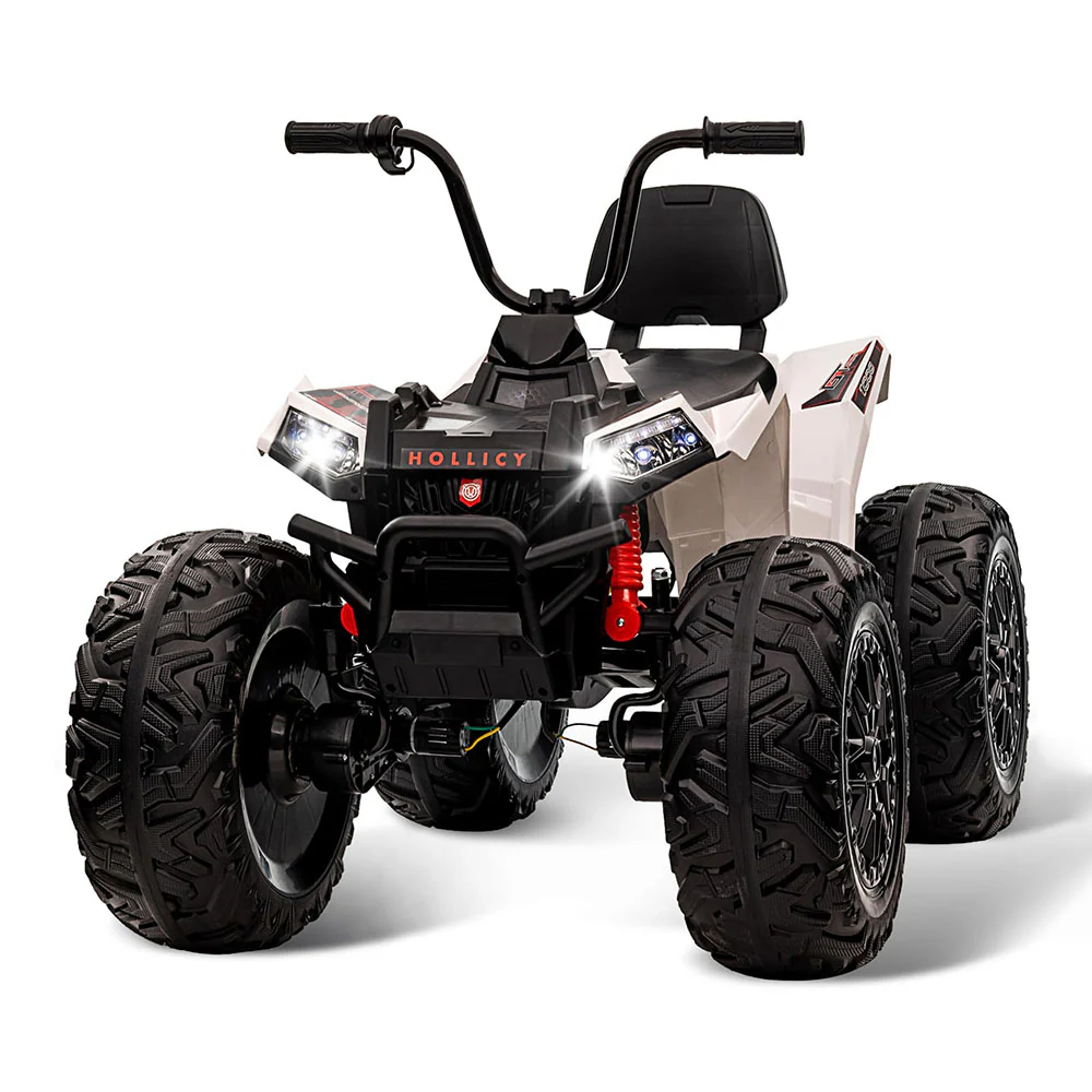 Garvee 24V Kids Quad ATV, Ride on Car 4WD Quad Electric Vehicle, 4x80W Powerful Engine, with 7AHx2 Large Battery, Accelerator Handle, EVA Tire, Full Metal Suspension, LED Light, Bluetooth&Music - White