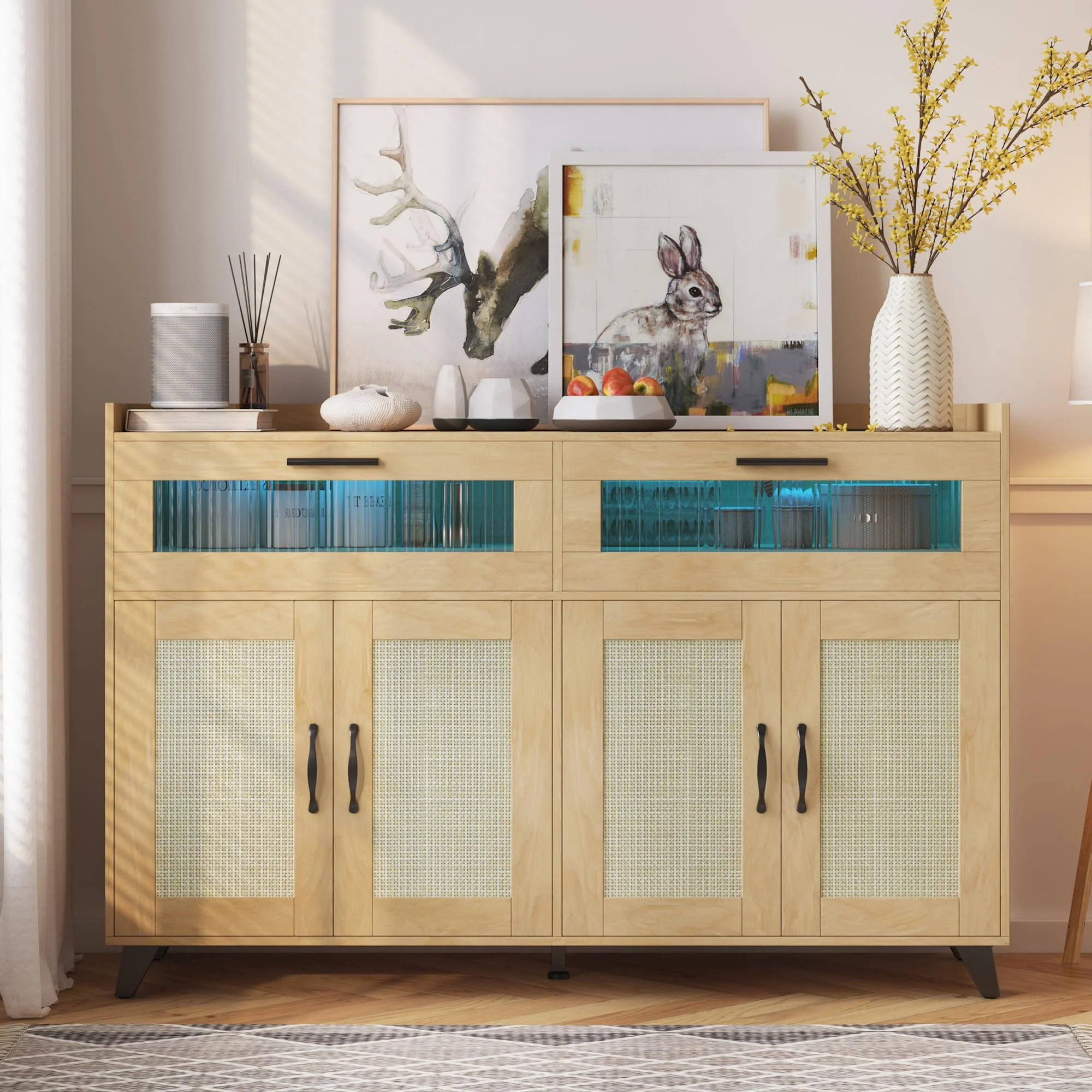 Garvee Sideboard Buffet Cabinet With Power Outlet & LED Light, Kitchen Storage Cabinet With 2 Fluted Acrylic Drawers & 4 Rattan Doors, Coffee Bar Cabinet Wood Buffet Table for Kitchen, Dining Room (Natural)