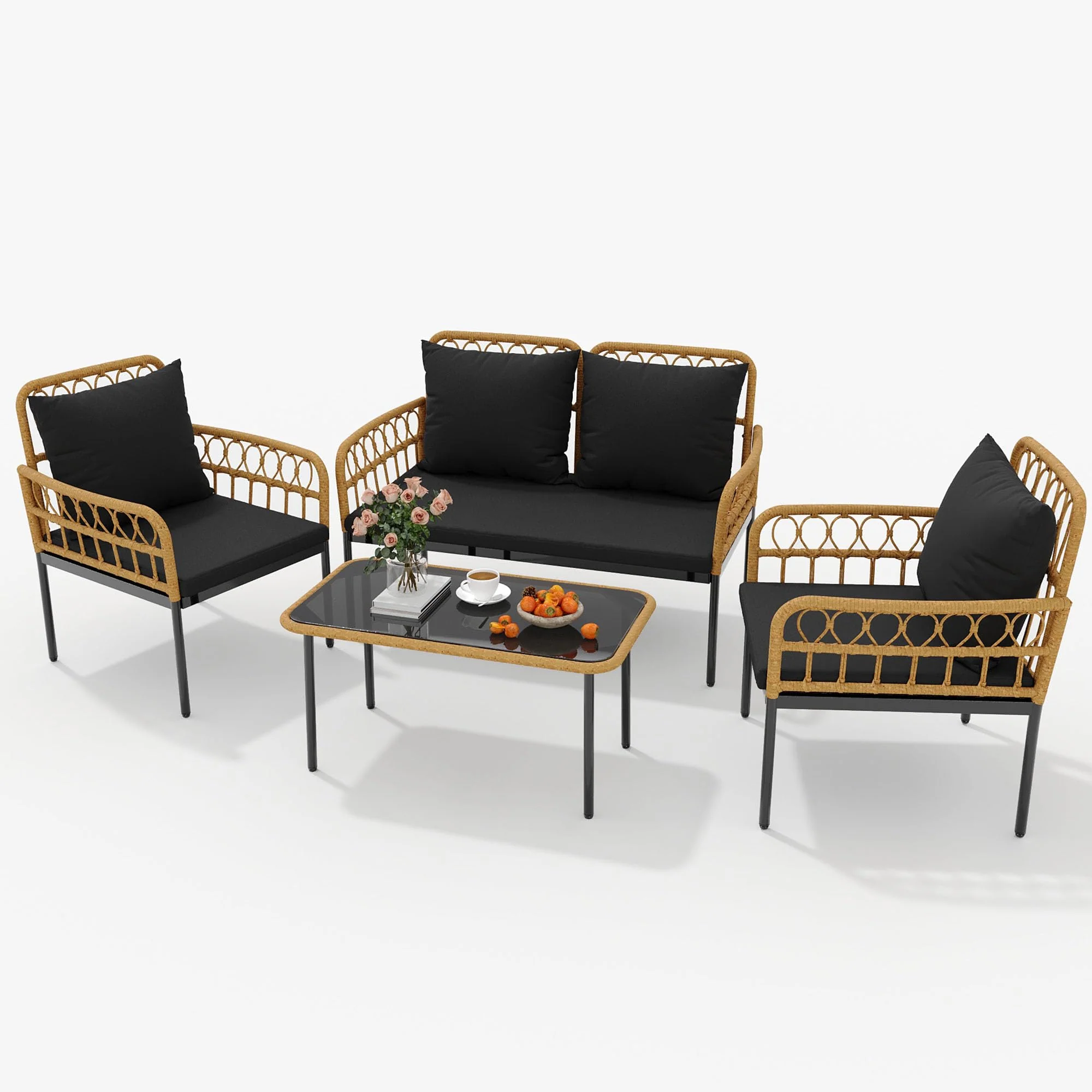 Garvee 4-Piece Outdoor Wicker Patio Bistro Set All-Weather Rattan with Glass Top Coffee Table, Loveseat & 2 Armchairs, Cushions Included, Blackveseat & 2 Armchairs Chairs Cushions,Boho Balcony Furniture for Backyard, Garden,Black