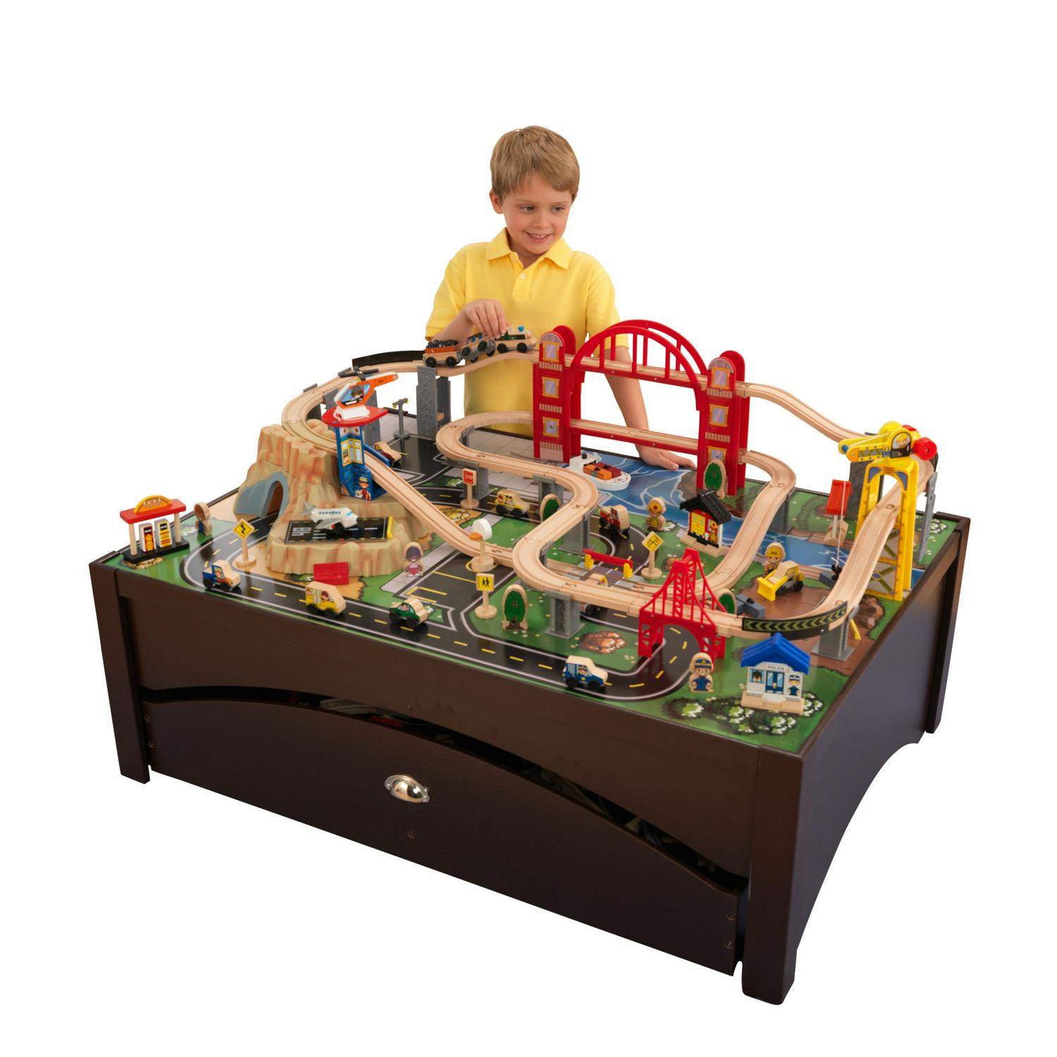2026 KidKraft Metropolis Wooden Train Set and Table with 100 Pieces and Storage Drawer, Espresso