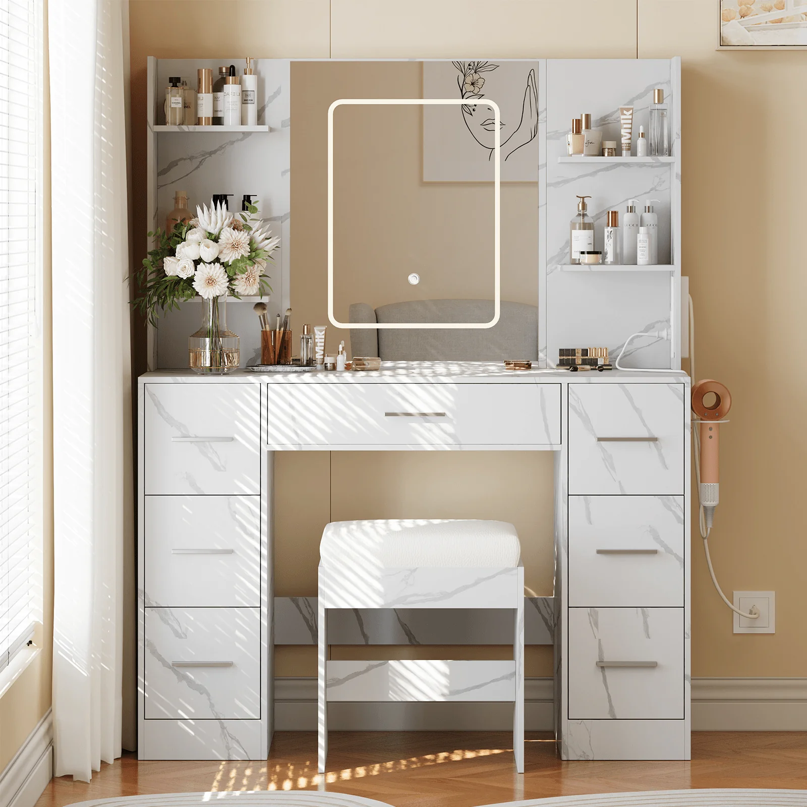 Garvee 43.3'' Vanity Desk Stool Set, Modern Makeup Table with Lighted Mirror, Power Outlet, 7 Drawers, 4 Open Shelves for Small Bedroom, Faux Marble