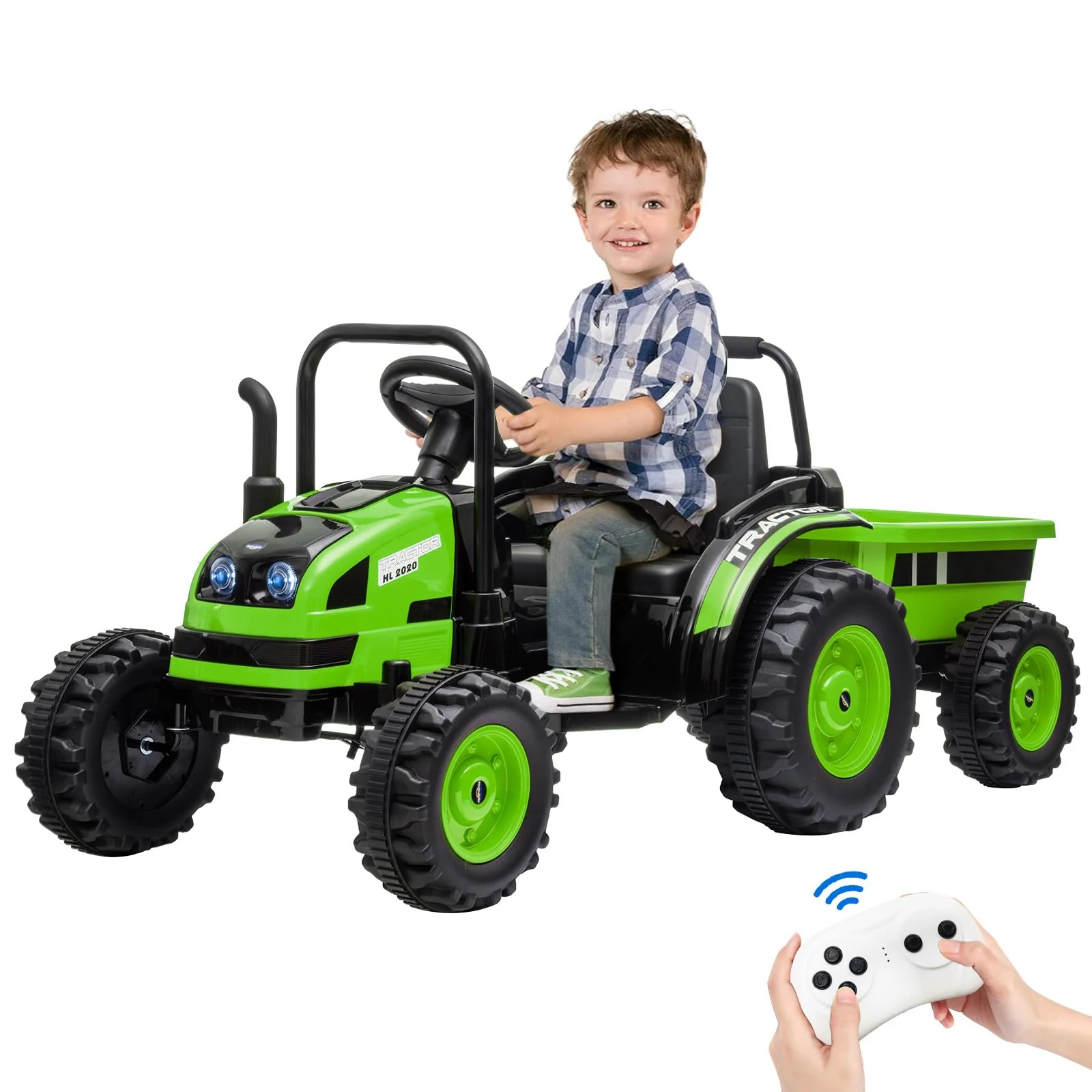 Garvee 12V Electric Ride-On Tractor for Kids with Trailer, Remote Control, Music, LED Lights, and Rear Wheel Suspension - Battery Powered Toy Vehicle - Green