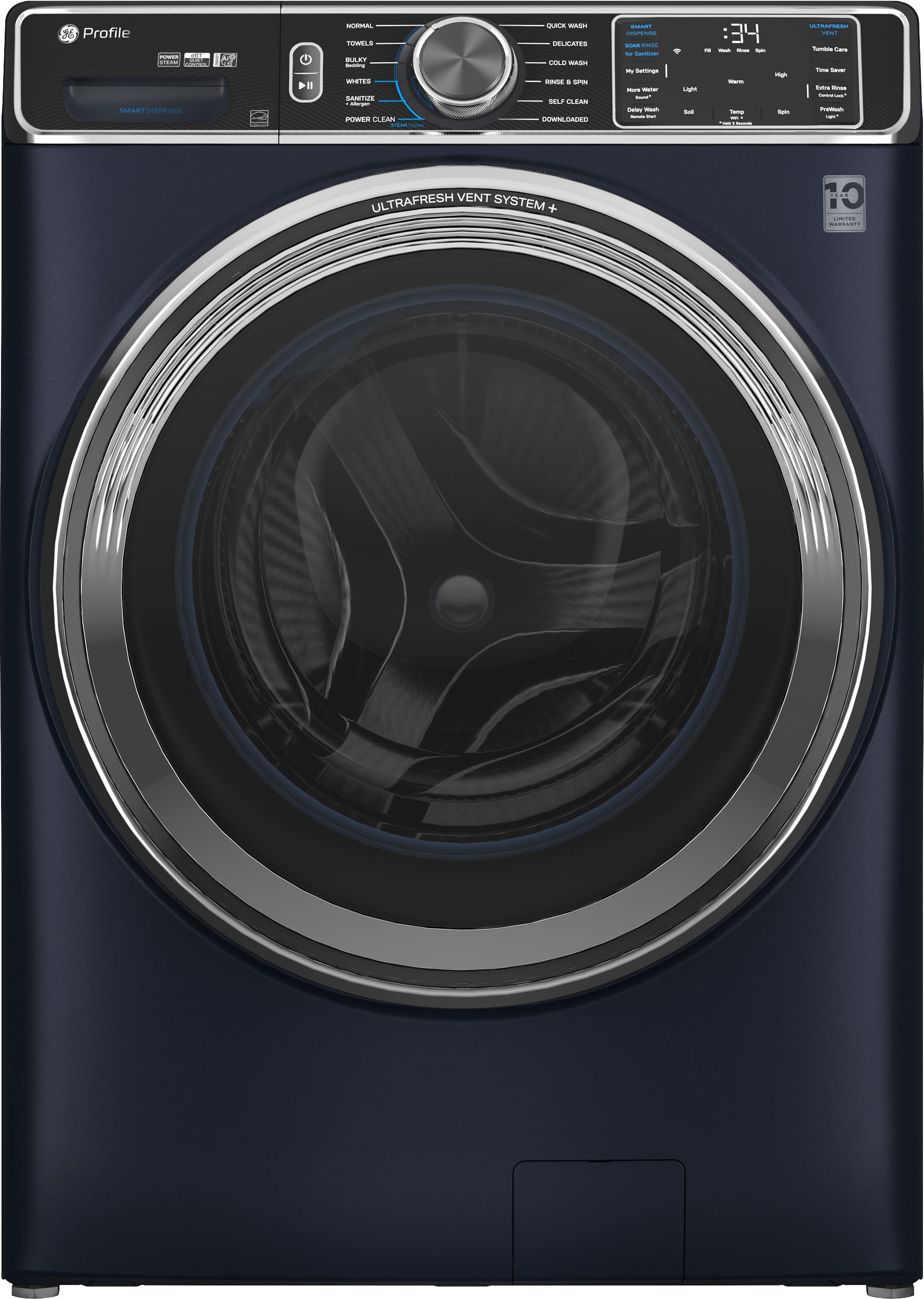 2026 GE Profile – 5.3 Cu. Ft. Stackable Smart Front Load Washer with Steam and UltraFresh Vent System+ With OdorBlock – Sapphire Blue