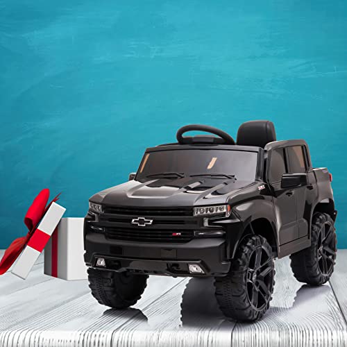 Garvee 12V Ride on Car,Battery Powered Licensed Chevrolet Silverado GMC Kids Ride On Truck,Toddler Electric Vehicles Toys w/Remote Control, MP3/Bluetooth, Spring Suspension, LED Light (12VBlack)