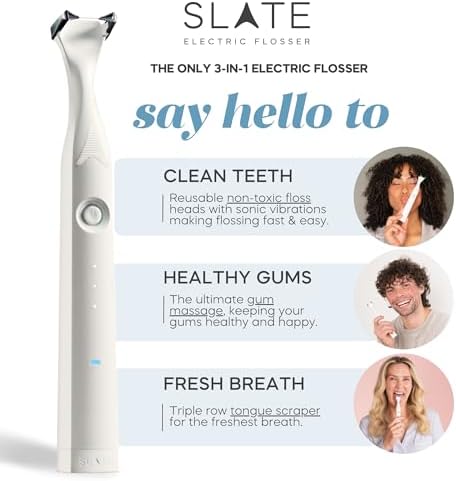 2026 SLATE Electric Flosser | 3-in-1 Power Flosser w/Tongue Cleaner  Gum Stimulator  & Reusable Floss | Electronic Flosser  Water Flosser Alternative for Adults & Kids  Vibrating Non-Toxic Woven Floss