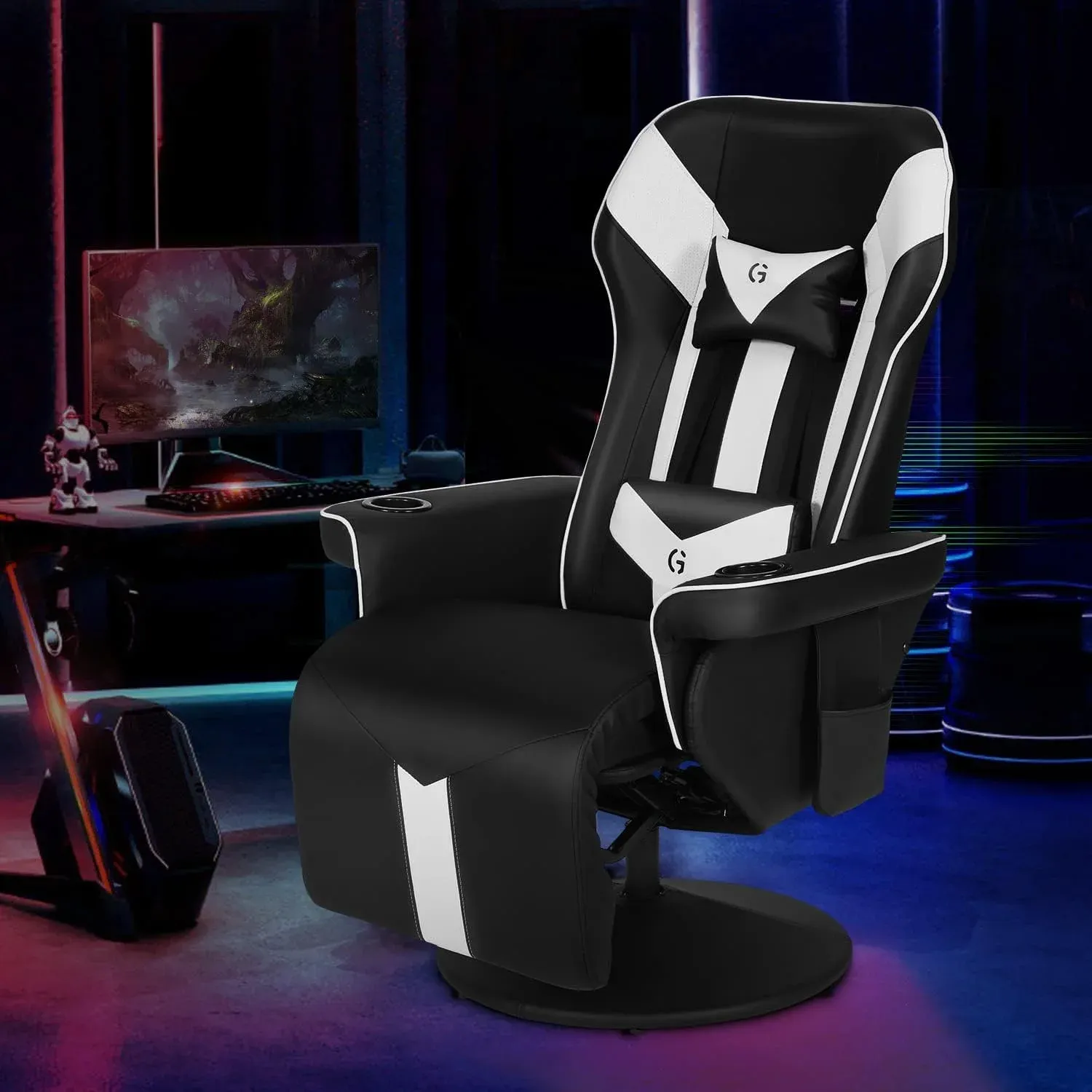 King Throne Ergonomic Gaming Chair, High Back Video Racing Chair, Swivel Recliner Chair with Footrest, Adjustable Backrest, Headrest, Lumbar Support, Cupholders, Black White