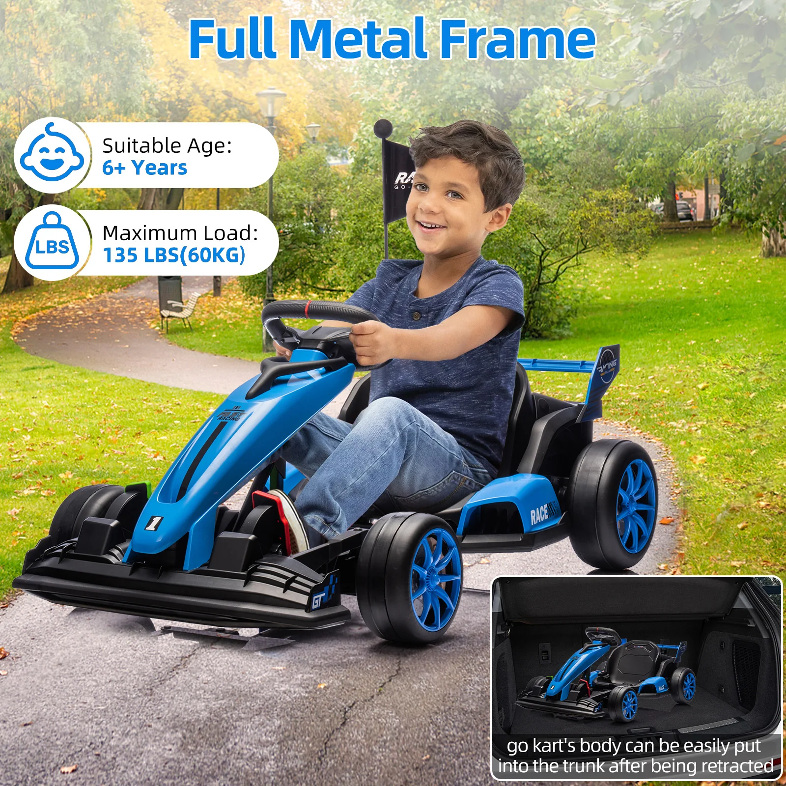 Garvee 24V Kids Ride on Go Kart, 7.5mph Variable High Speed Drifting Car, 7ah Battery 200W*2 Motors ,Length Ajustable Max Load 135lbs, Power Display Racing Toy for for Kids Child 6+ ,Blue