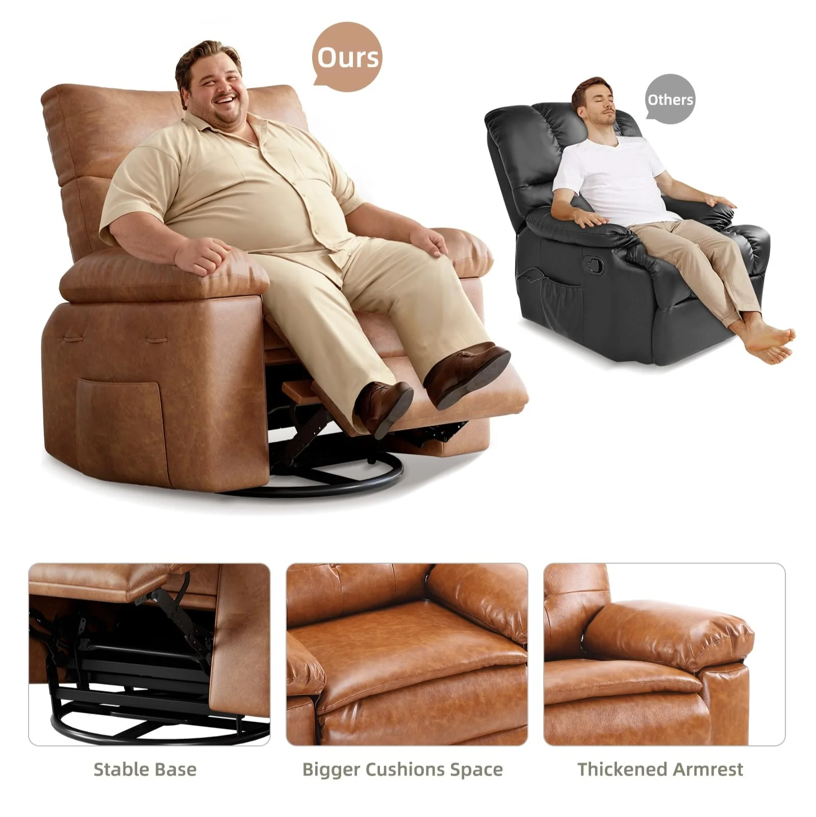 Garvee Oversized Wide Rocker Swivel Recliner Chair - PU Leather Large Manual Recliner for Adults, Ultimate Comfort Lazy Boy with 1.5X Sponge Filling and Easy Recline Mechanism for Relaxation