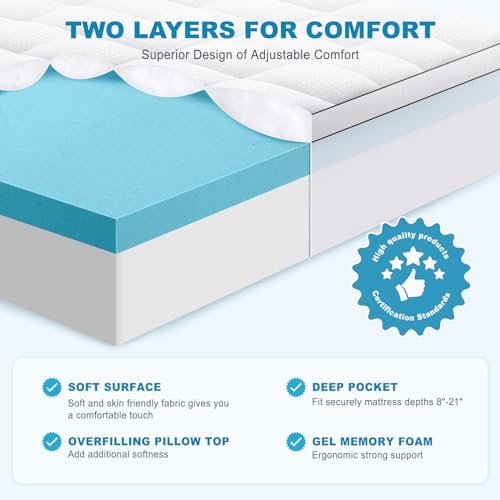 2026 MASVIS King Size Dual Layer 4 Inch Memory Foam Mattress Topper  2 Inch Gel Memory Foam and 2 Inch Cooling Pillow Top Mattress Pad Cover for Back Pain  Medium Support