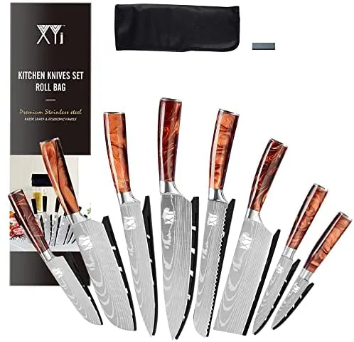 XYJ Stainless Steel Kitchen Knives Set 8 Piece Chef Knife Set with Carry Case Bag & Sheath Well Balance Ergonomic Handle