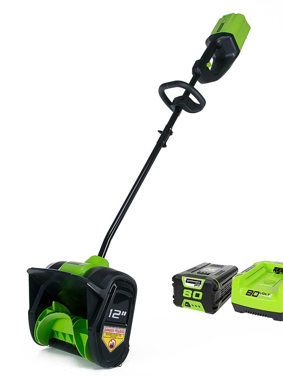 2026 Greenworks – 80V 12” Cordless Brushless Snow Shovel with 2.0 Ah Battery and Rapid Charger – Black/Green