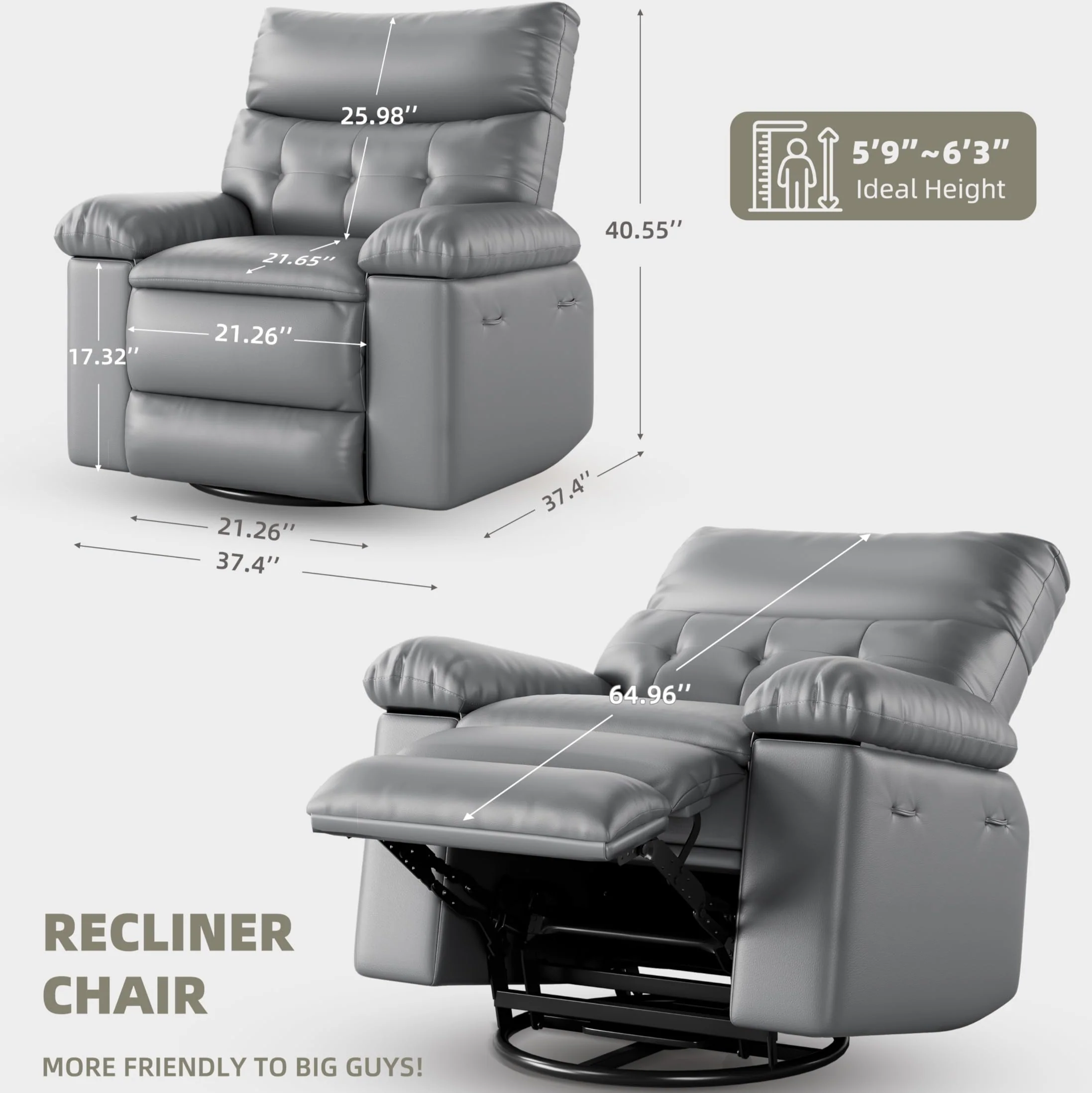 Garvee Oversized Recliner Chair - PU Leather Large Manual Recliner for Adults, Ultimate Comfort Lazy Boy with 1.5X Sponge Filling and Easy Recline Mechanism for Relaxation, Grey