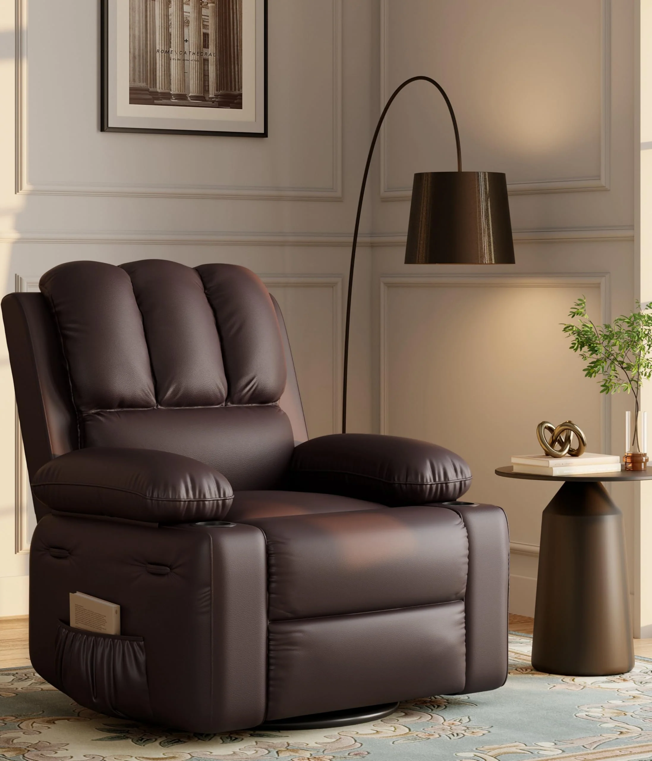 Garvee 22'' Massage Recliner Chair for Adults, Lazy Boy Recliner with Vibrating and Heating, PU Leather Recliner with Cup Holders and Side Pockets, for Living Room, Bedroom, and Nursery, Coffee