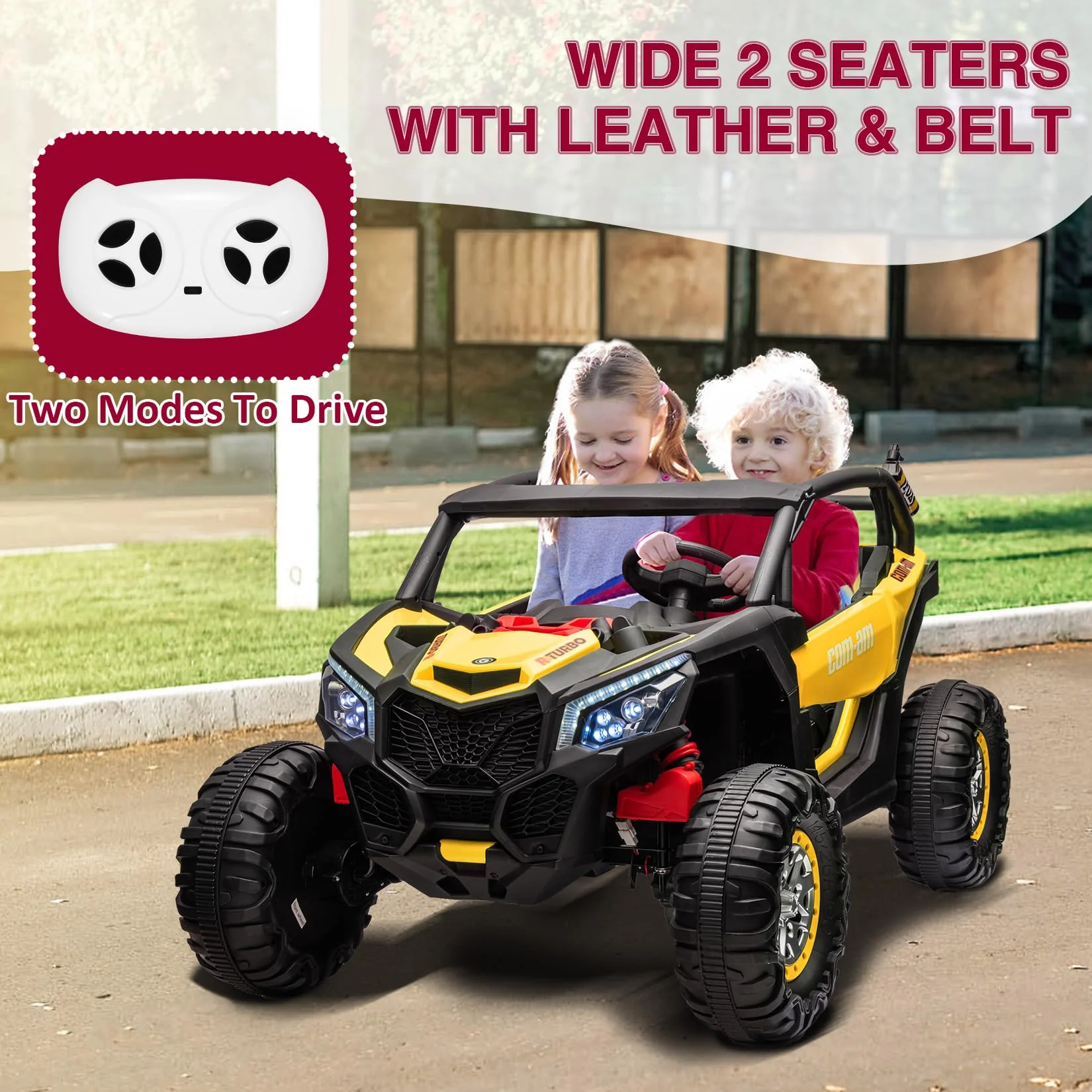 Garvee 24V 2 Seater Kids Ride on UTV Car For age 3+, w/Remote Control, 4WD Powerful Electric Vehicle with 4x75W Motors, 4 Shock Absorber, Leather Seat, Music and Light - Yellow