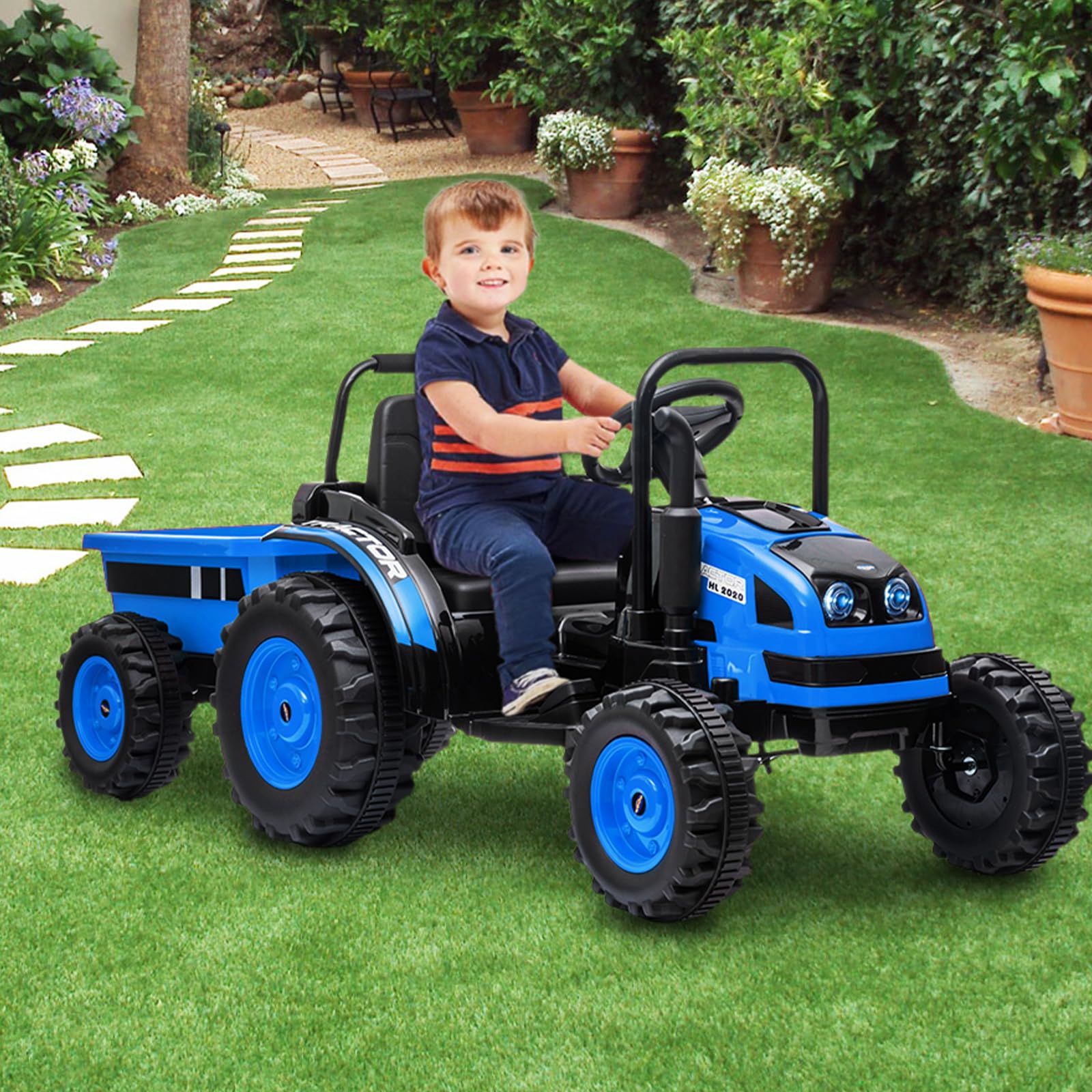 Garvee 12V Electric Ride-On Tractor for Kids with Trailer, Remote Control, Music, LED Lights, and Rear Wheel Suspension - Battery Powered Toy Vehicle - Blue