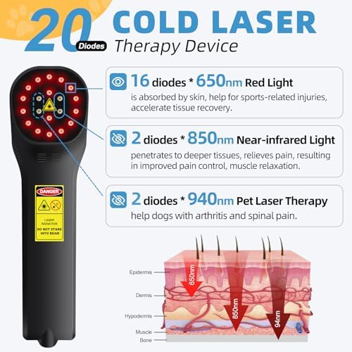 2026 Cold Laser Therapy Device for Dogs  Infrared Light Therapy Wand  2x940nm+2x850nm+16x650nm  Red Light Therapy for Hip & Joint Care Arthritis Pain Relief  Low Level Laser Therapy for Wound Healing