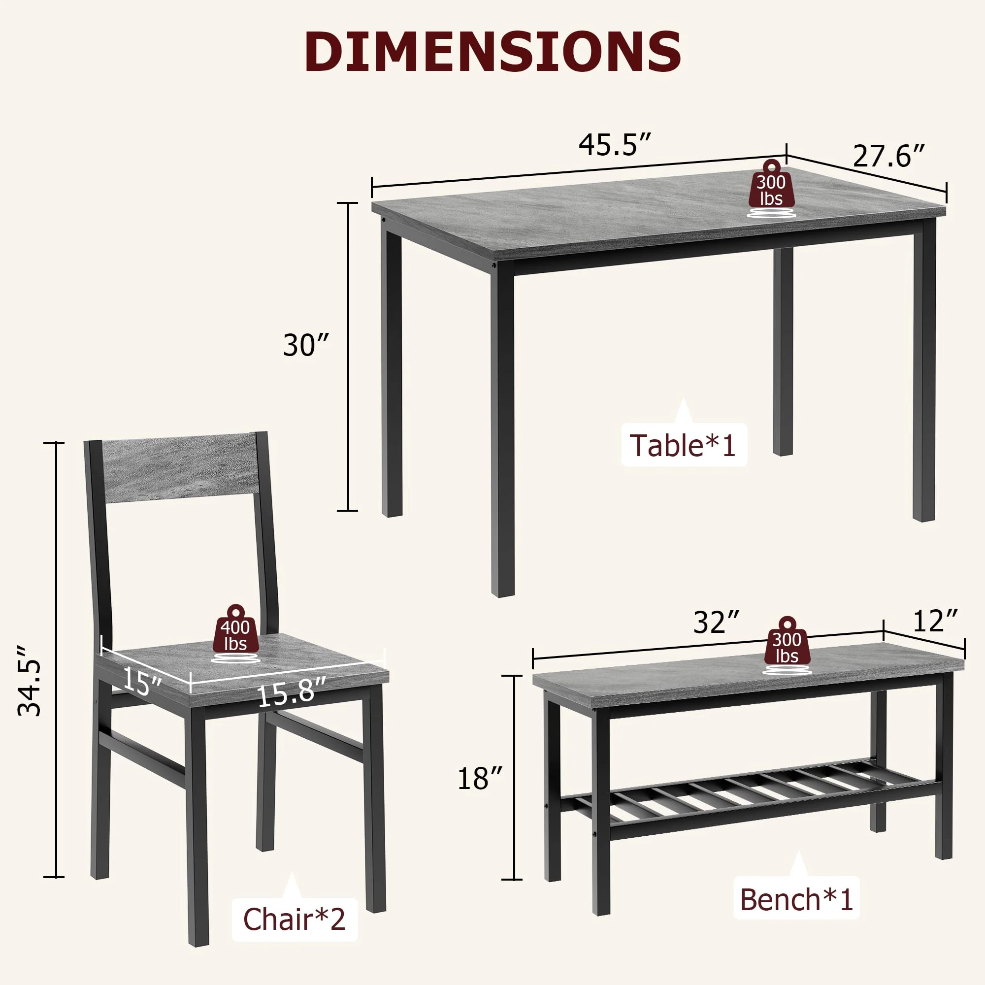 Garvee Dining Table Set for 4, Kitchen Table with 2 Chairs, Bench with Storage Rack, 4 Pieces Dining Room Table Set for Small Place, Apartment, Kitchen, Brown