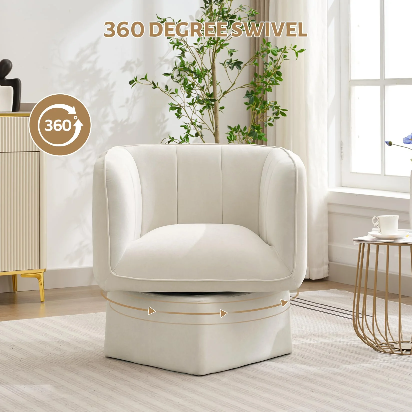 Garvee Swivel Barrel Accent Chair, Mid Century 360° Comfy Round Accent Sofa for Bedroom, Modern Accent Armchair Reading Chair for Living Room Waiting Room,Office Accent Chair with Arms,Cream